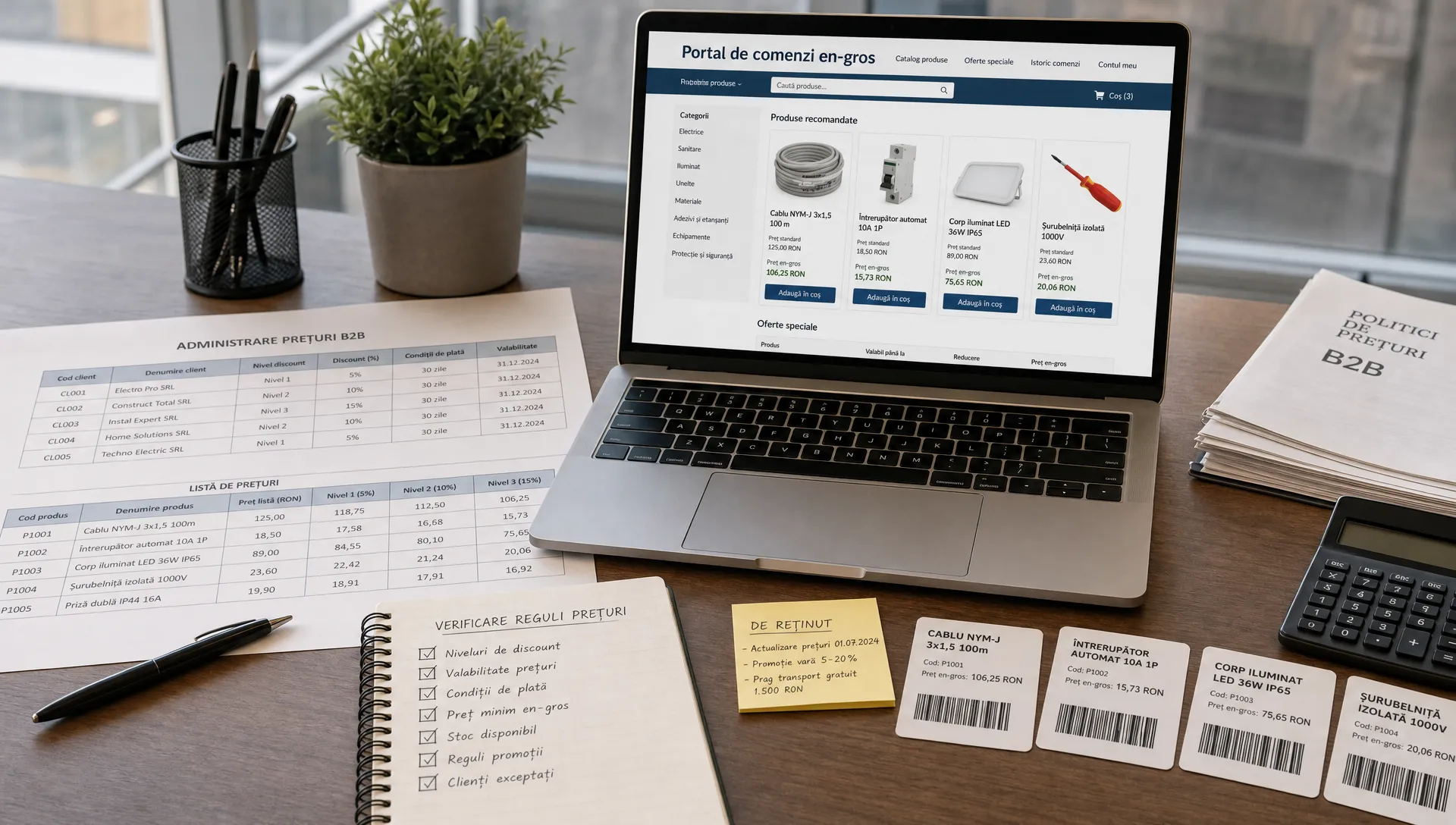 Un birou de lucru pentru administrarea prețurilor B2B, cu foi de calcul, coduri de client, niveluri de discount și un laptop orientat corect care afișează un portal de comenzi en-gros, în timp ce pe masă apar și etichete de produse și note de verificare a regulilor.