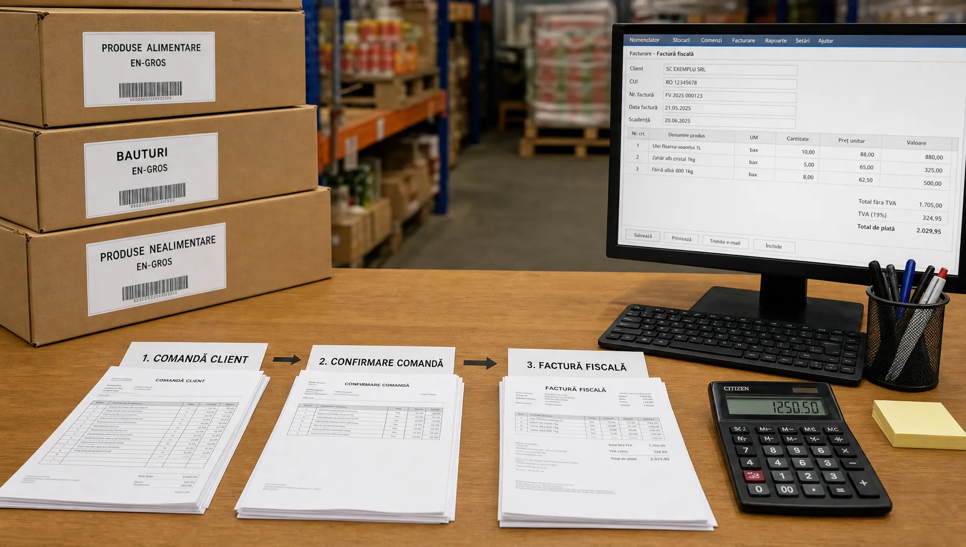 Un spațiu de lucru logistic dintr-o companie de distribuție en-gros, cu o masă pe care sunt aliniate documente de comandă și facturi, iar alături se văd cutii etichetate și un calculator de birou, sugerând trecerea ordonată de la comandă la documentul fiscal.