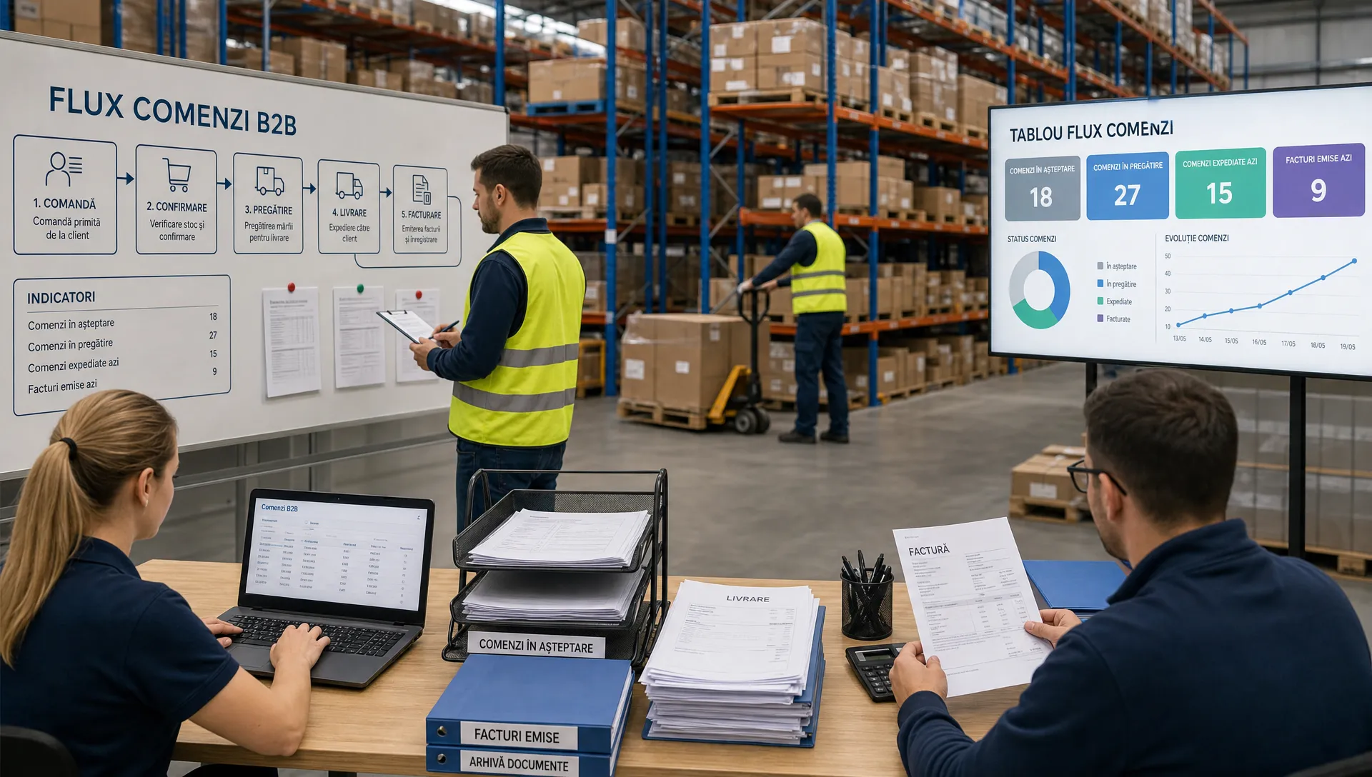 Un flux de comenzi B2B într-un centru logistic modern, cu paleți și cutii pe rafturi, documente comerciale ordonate pe o masă de lucru și o echipă care urmărește etapele de la comandă la facturare.