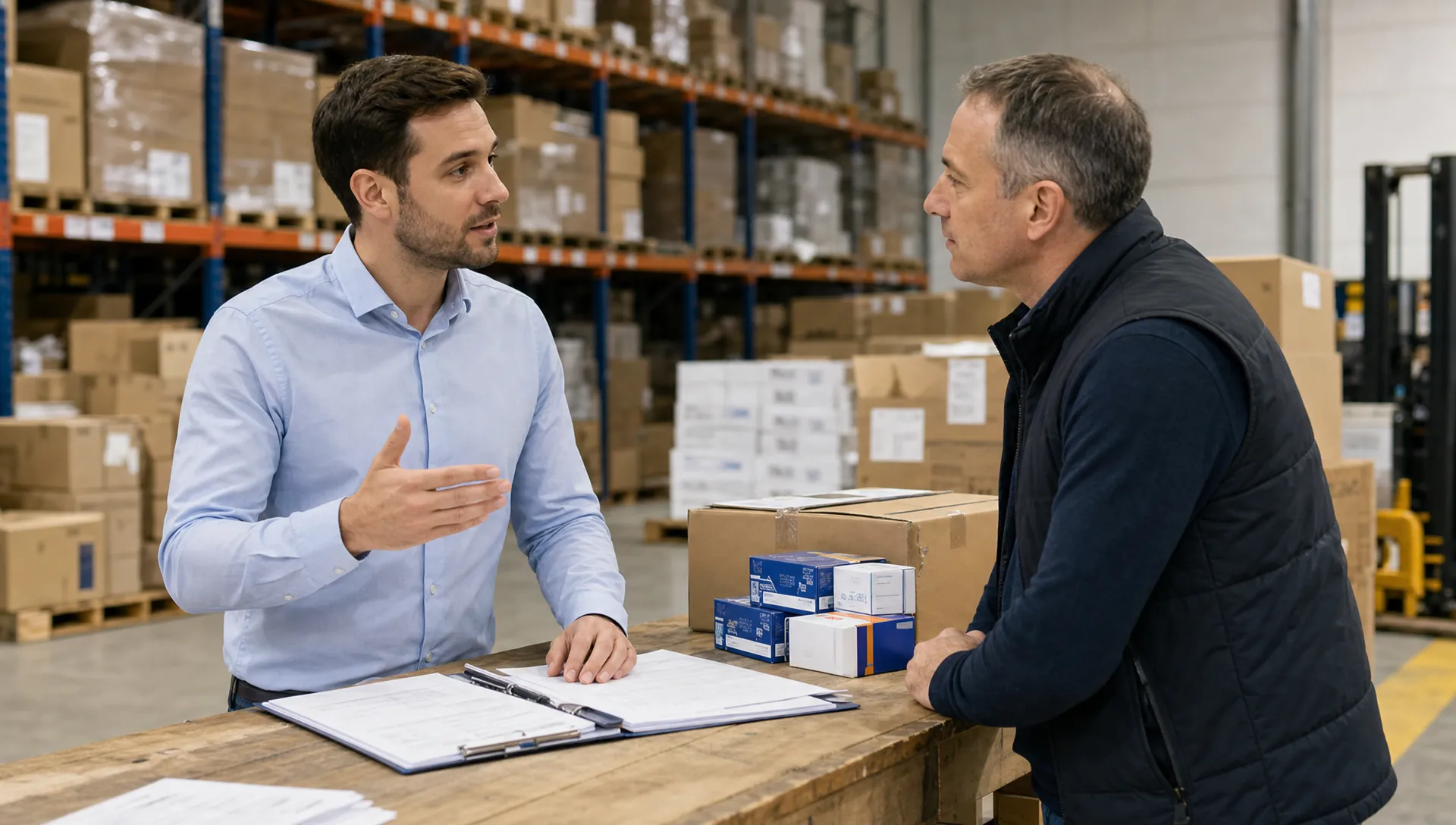 Un reprezentant de vânzări B2B discută cu un client lângă o masă de lucru din depozit, cu documente de comandă și produse ambalate așezate între ei.