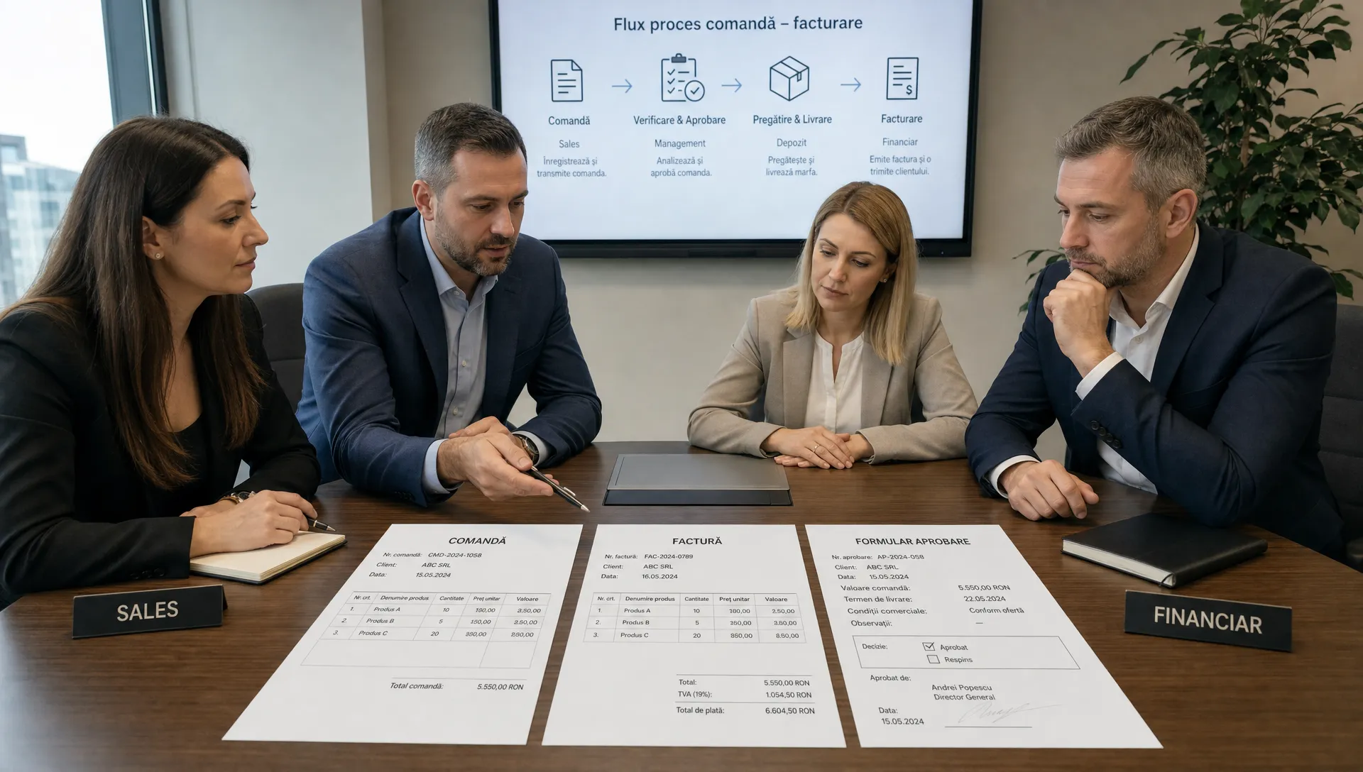 O echipă B2B văzută într-o sală de ședință, cu reprezentanți din sales, financiar, depozit și management în jurul unei mese pe care sunt aliniate o comandă, o factură și un formular de aprobare, sugerând împărțirea clară a responsabilităților.