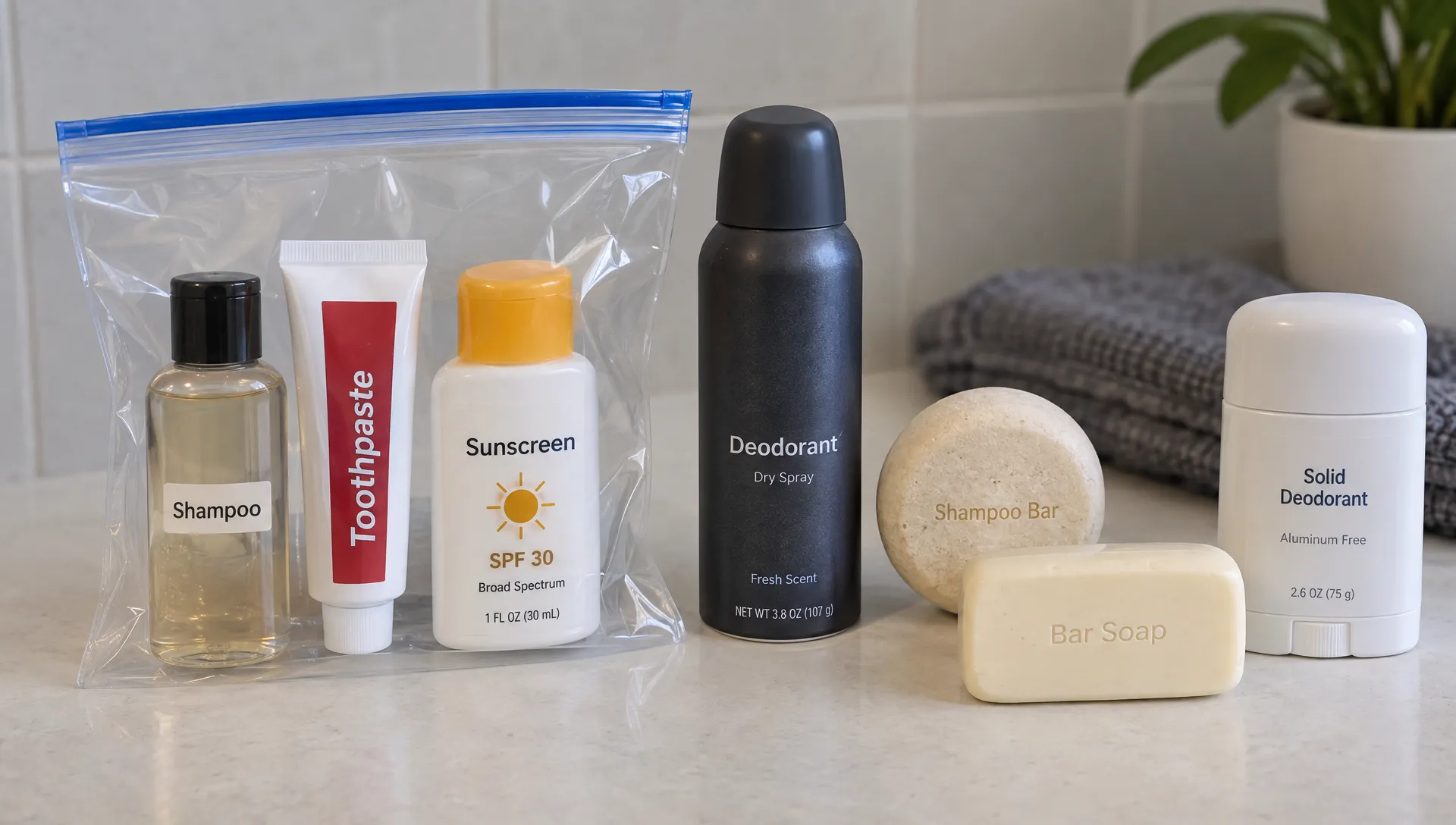 A clear resealable bag holds small shampoo, toothpaste, and sunscreen containers beside a capped aerosol deodorant, solid shampoo bar, bar soap, and solid deodorant stick, sorted by form for airport screening.