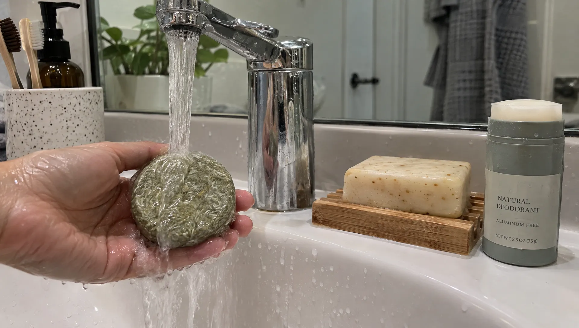 A solid shampoo bar is rinsed over a bathroom sink beside bar soap and solid deodorant, showing toiletry forms that usually sit outside the airport liquids allowance.
