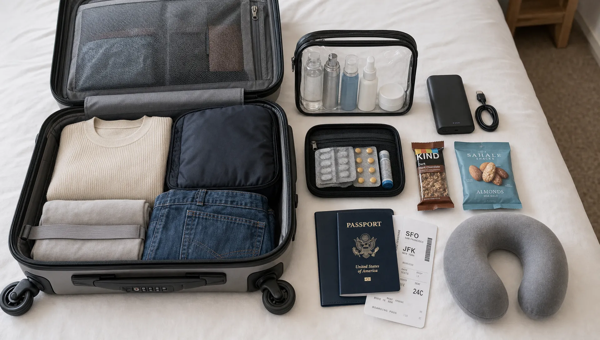 An open carry-on suitcase arranged for air travel, with a clear toiletries bag, small liquid containers, a power bank, medication pouch, snacks, and travel documents laid out neatly beside it.