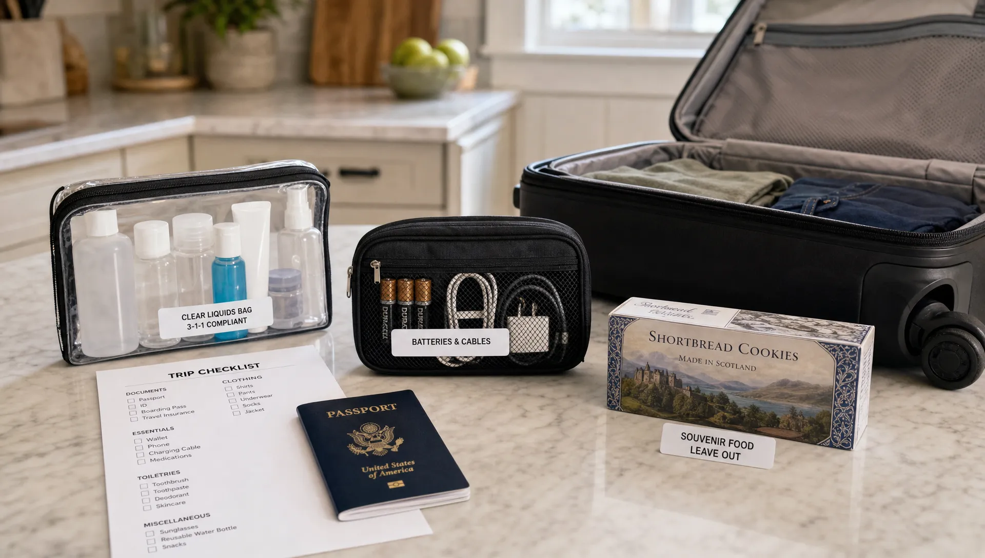 A landscape scene of a kitchen counter during pre-trip packing, centered on a small group of travel items being sorted into three clear decisions: a clear liquids bag with travel-size toiletries, a separate pouch for batteries and cables, and a boxed souvenir food item left out beside a printed trip checklist and passport. An open carry-on suitcase sits nearby with space still visible inside, and no airport signage or security lane appears, making the image feel like a home packing decision about what can safely go in a flight bag and what must stay out.