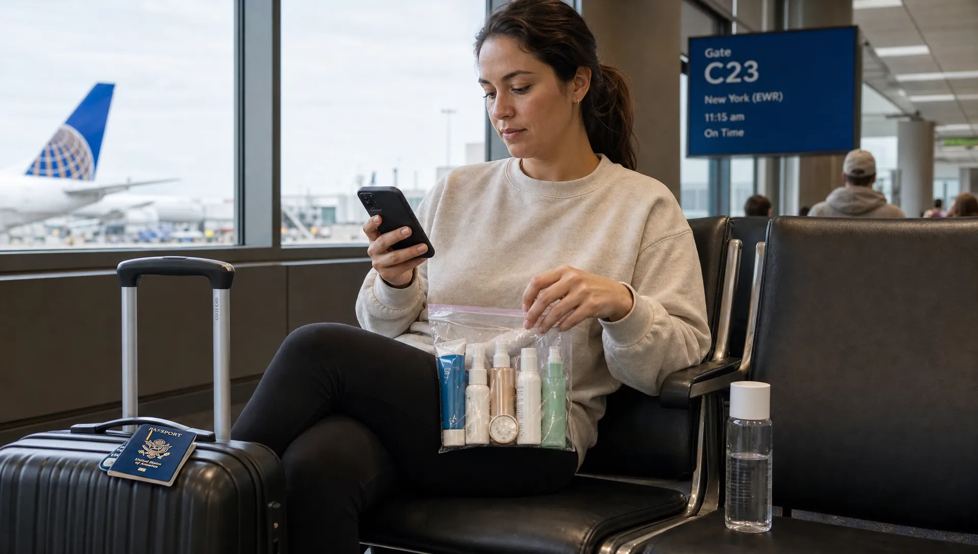 An adult traveler repacks toiletries into a clear bag at a gate while checking trip details on a phone.
