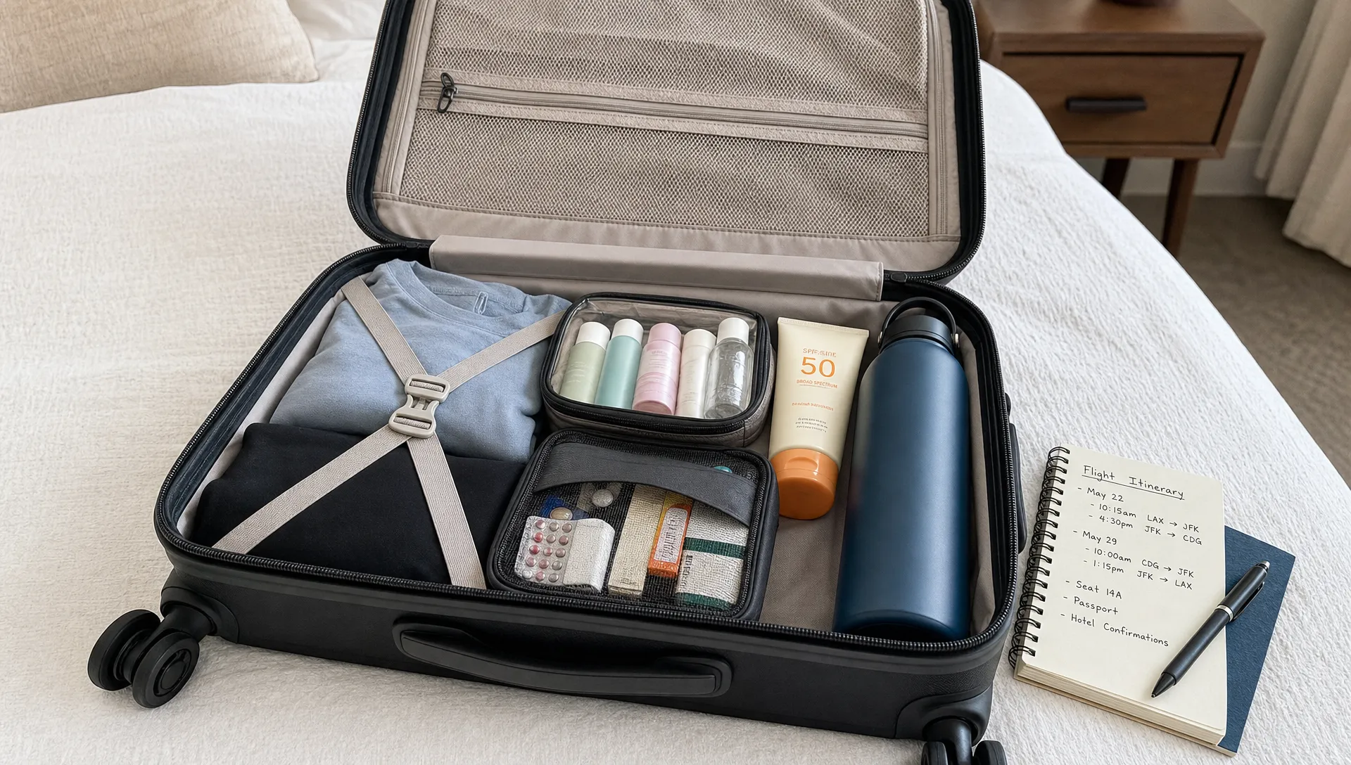 An open carry-on suitcase on a bed with travel-size toiletries, a medicine pouch, sunscreen, a reusable bottle and flight itinerary notes arranged for packing.