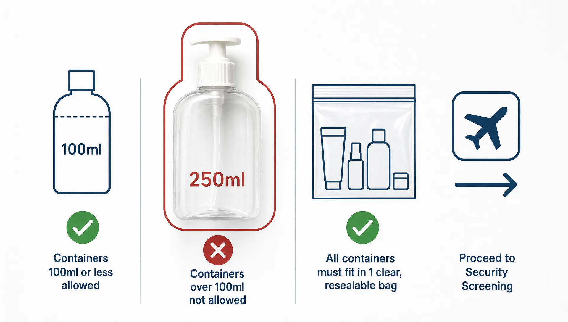 A clean grid of bottle icons and a clear bag symbol contrasts 100ml travel limits with larger containers.