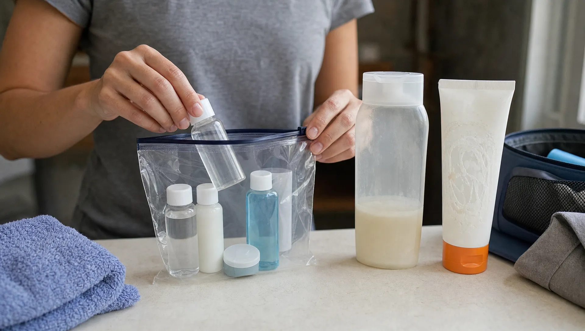 A traveler sorts toiletries into a clear resealable liquids bag, with 100ml travel bottles beside larger half-empty shampoo and sunscreen containers.