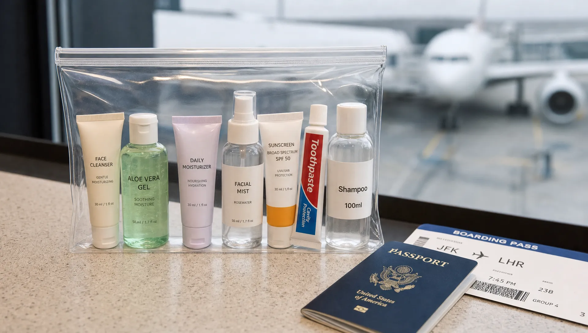 A clear airport liquids bag contains travel-size cream tubes, gel bottles, a capped spray, sunscreen, toothpaste and a labeled 100ml container beside a passport and boarding pass.