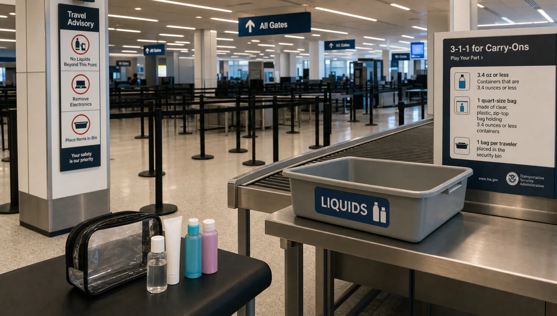 A security checkpoint shows airport liquid rules beside a small cluster of toiletries.