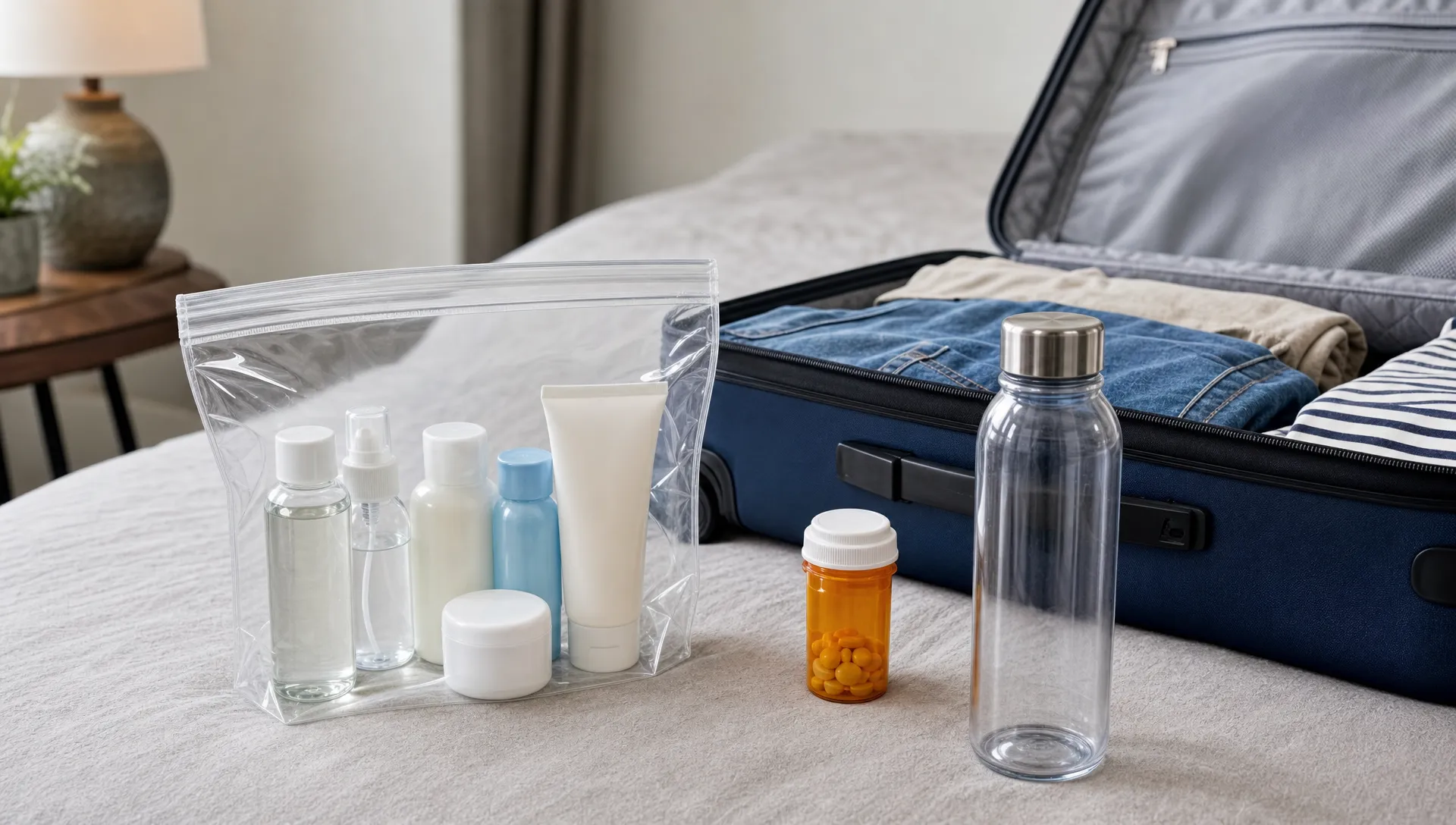A clear resealable liquids bag with travel-size toiletries, a small medicine bottle, sunscreen, and an empty reusable water bottle beside an open cabin suitcase.