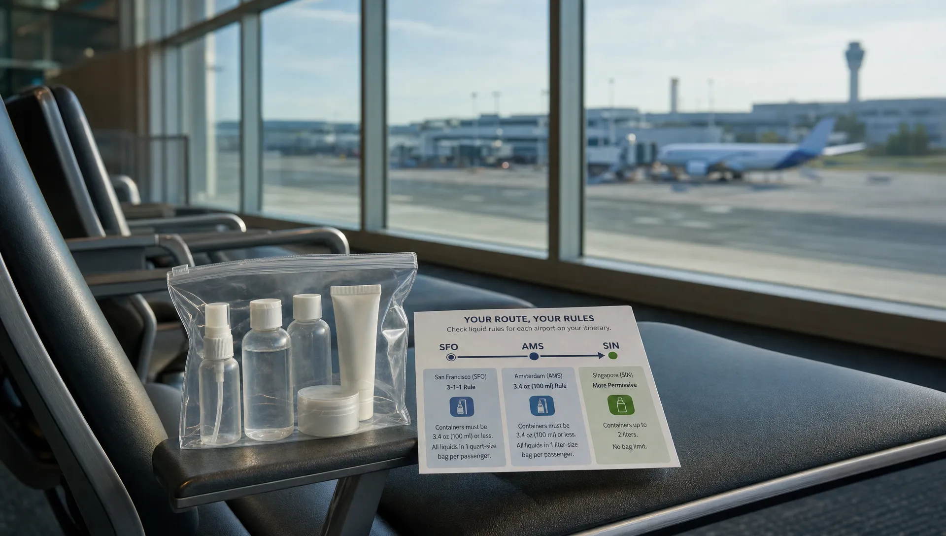 A landscape scene of a departure gate seating area where a single clear liquids bag and a printed route card are laid on an armrest, with one airport on the route shown as strict and another as more permissive on the card. Through the window, a distant aircraft and runway are visible, making the image feel like a trip-wide rule decision at the airport rather than a packing table or security inspection area. No dominant person in the frame.