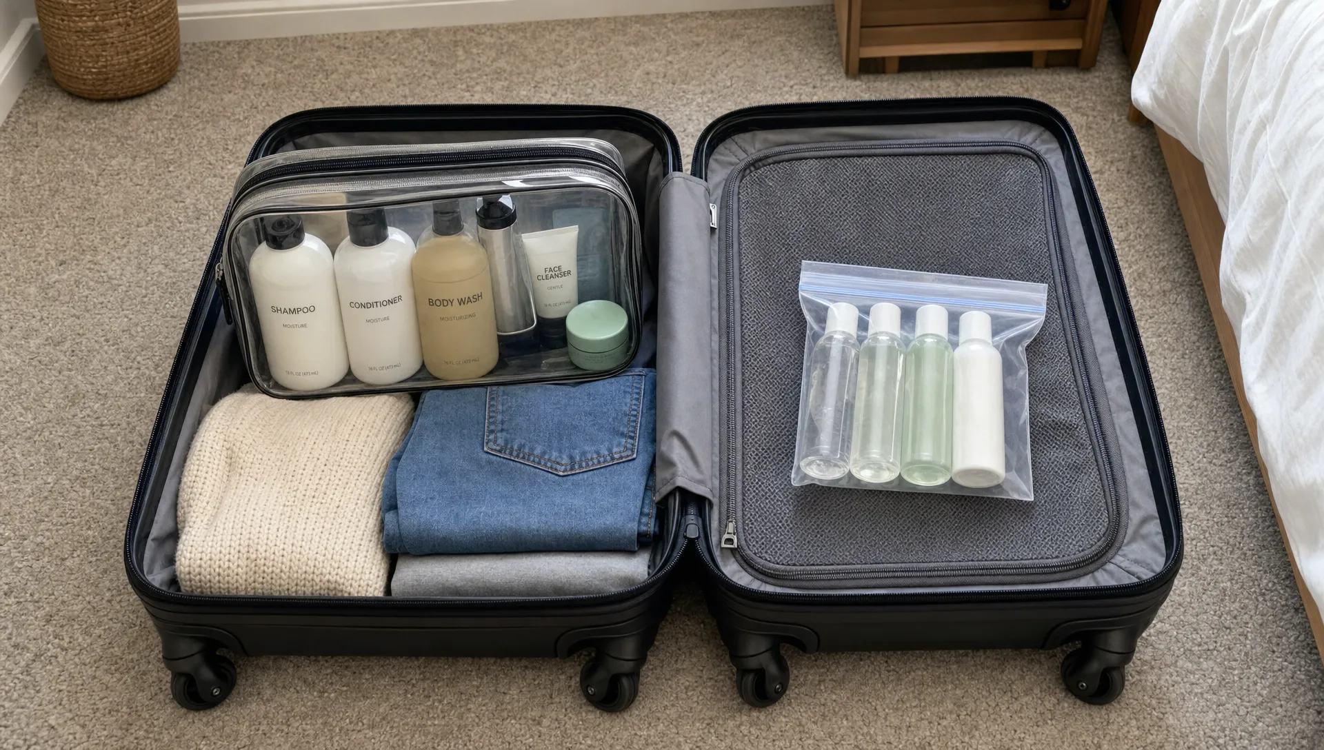 An open suitcase on a bedroom floor with full-size toiletries sealed in a clear wash bag on one side and a small transparent airport liquids bag with 100ml bottles on the other side, showing the difference between checked luggage and cabin liquids.