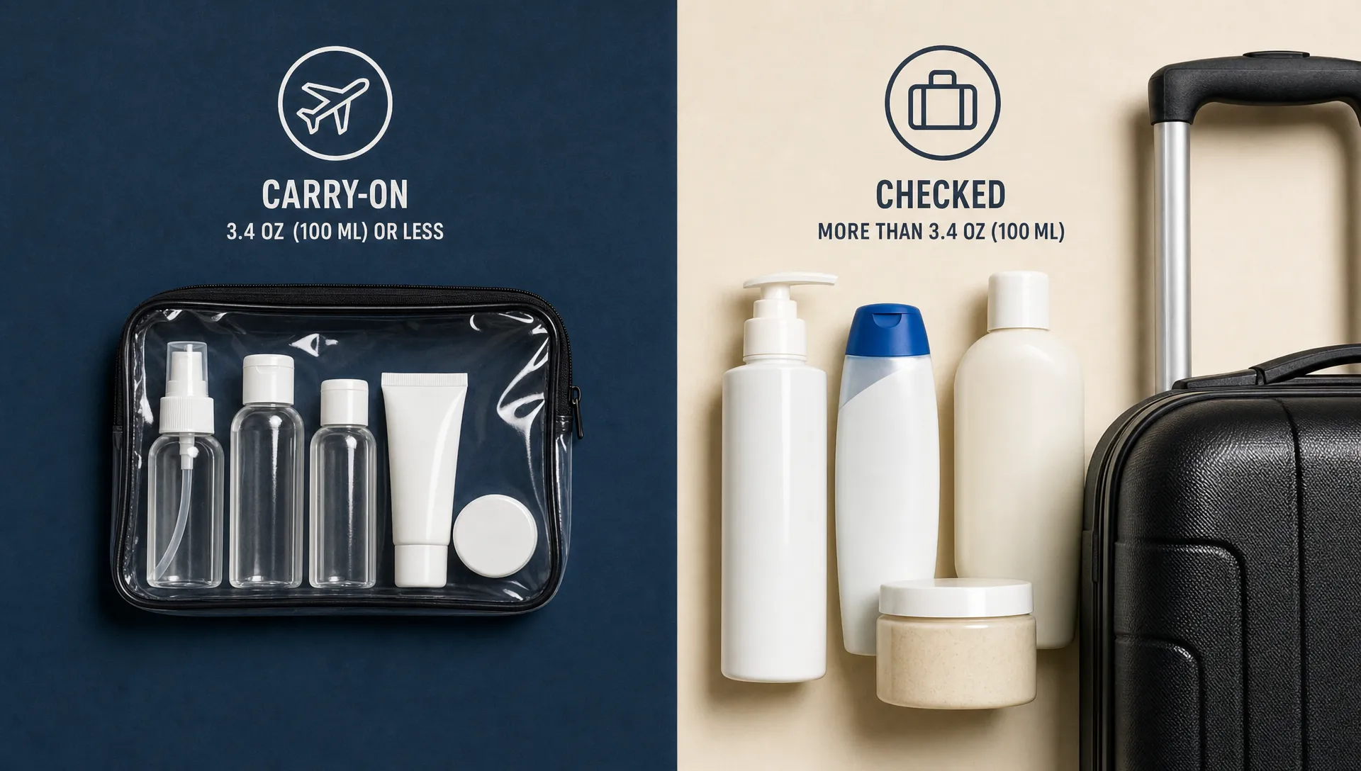 A landscape composition of a bold split surface with two distinct zones: one side arranged with small travel bottles inside a transparent bag for cabin use, the other side arranged with larger toiletries beside a checked suitcase handle. The frame is clean and graphic, using simple shapes, clear separation, and strong negative space to express the cabin-versus-checked luggage decision without showing an airport or packing room.
