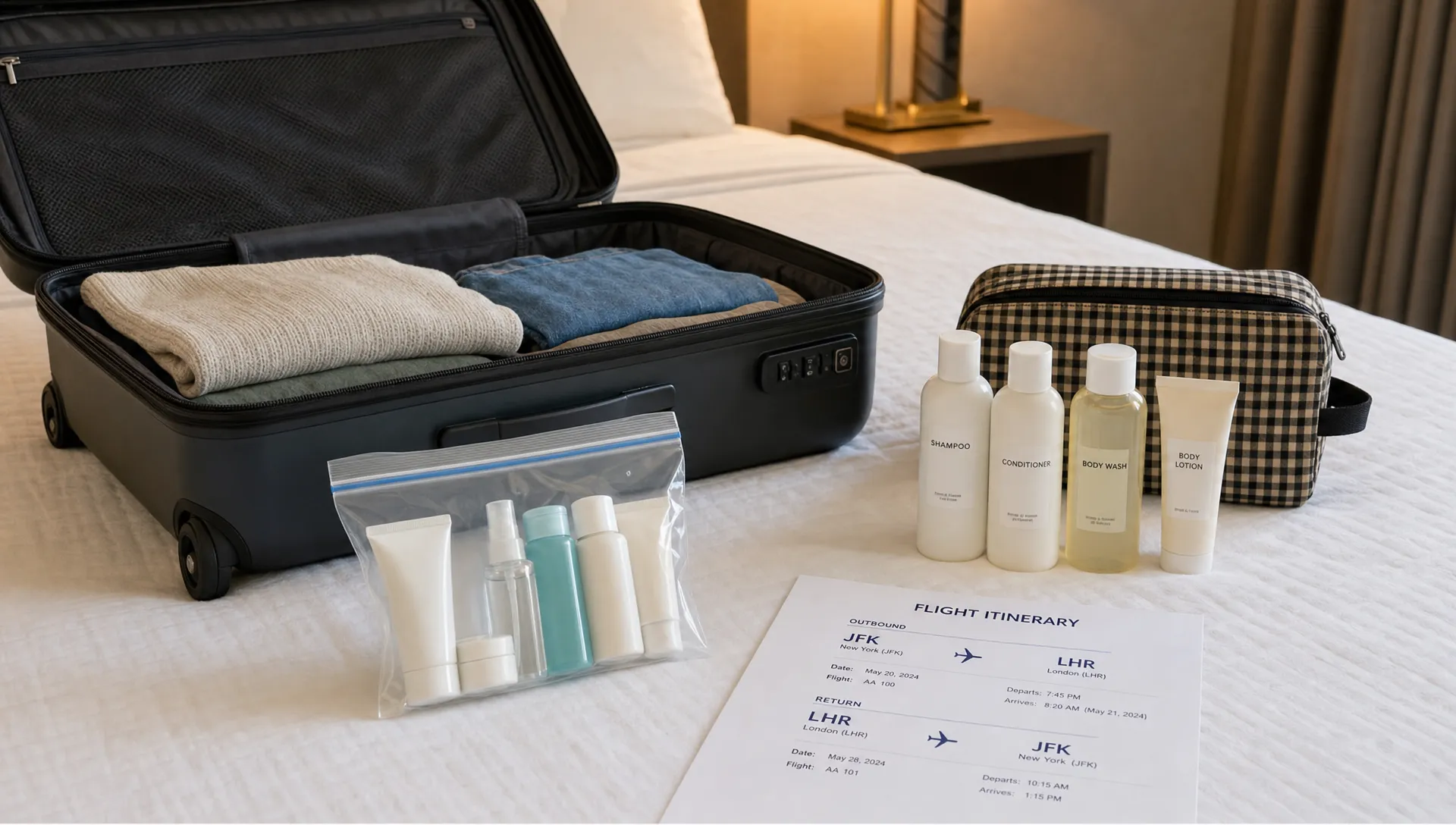 An open suitcase on a hotel bed with travel-size toiletries in a clear resealable bag, full-size bottles placed beside a checked luggage pouch, and a printed flight itinerary showing outbound and return airports.