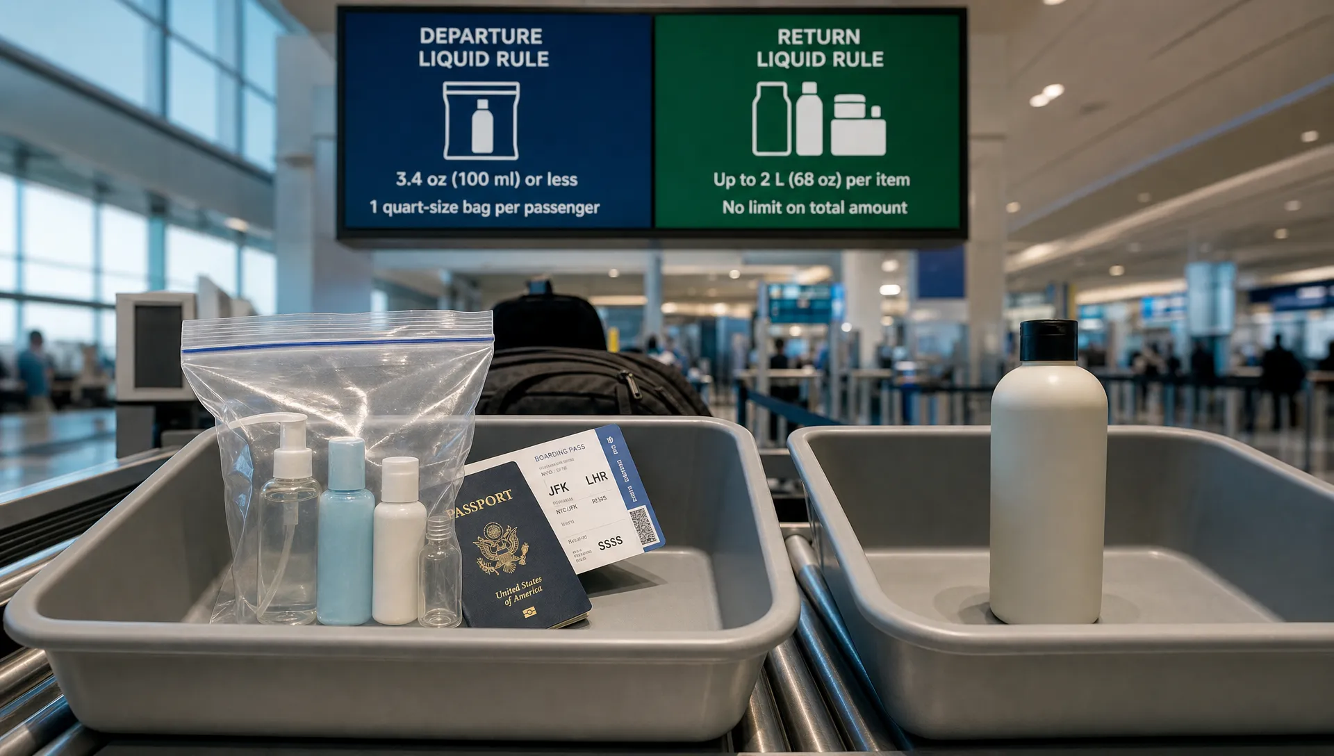 A landscape scene of a close-up airport security tray with a clear liquids bag containing a few small travel bottles, a passport, and a boarding pass, while an overhead sign in the background shows two different liquid rules for departure and return checkpoints. One larger toiletry bottle sits separately in a different tray to suggest it may not pass every airport on the trip. The scene should feel like a route-wide decision moment at security, with no dominant person in the frame.