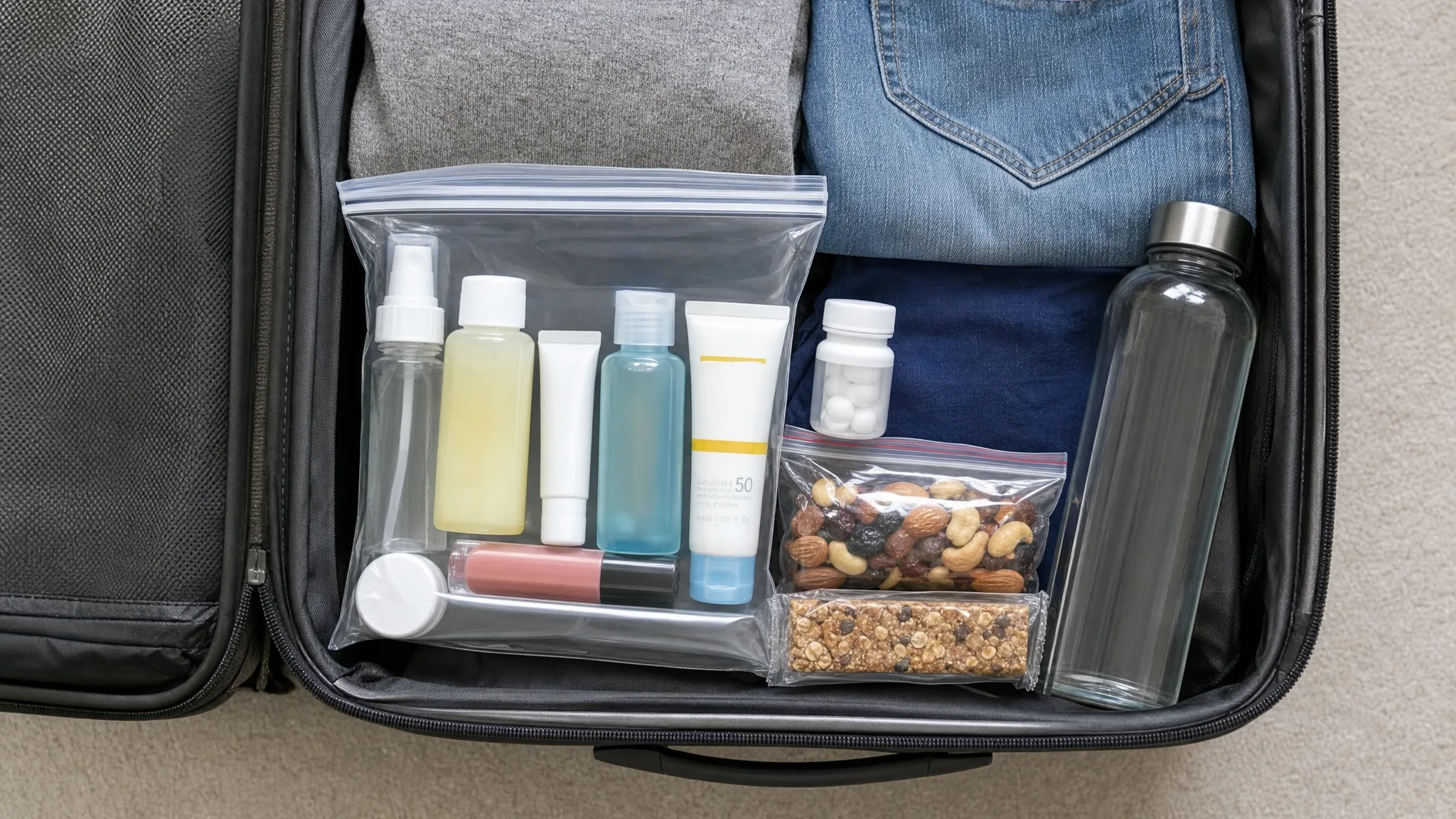 An open carry-on suitcase with a clear resealable liquids bag containing travel-size toiletries, a small medicine bottle, lip gloss, sunscreen, and a reusable empty water bottle beside solid snacks.
