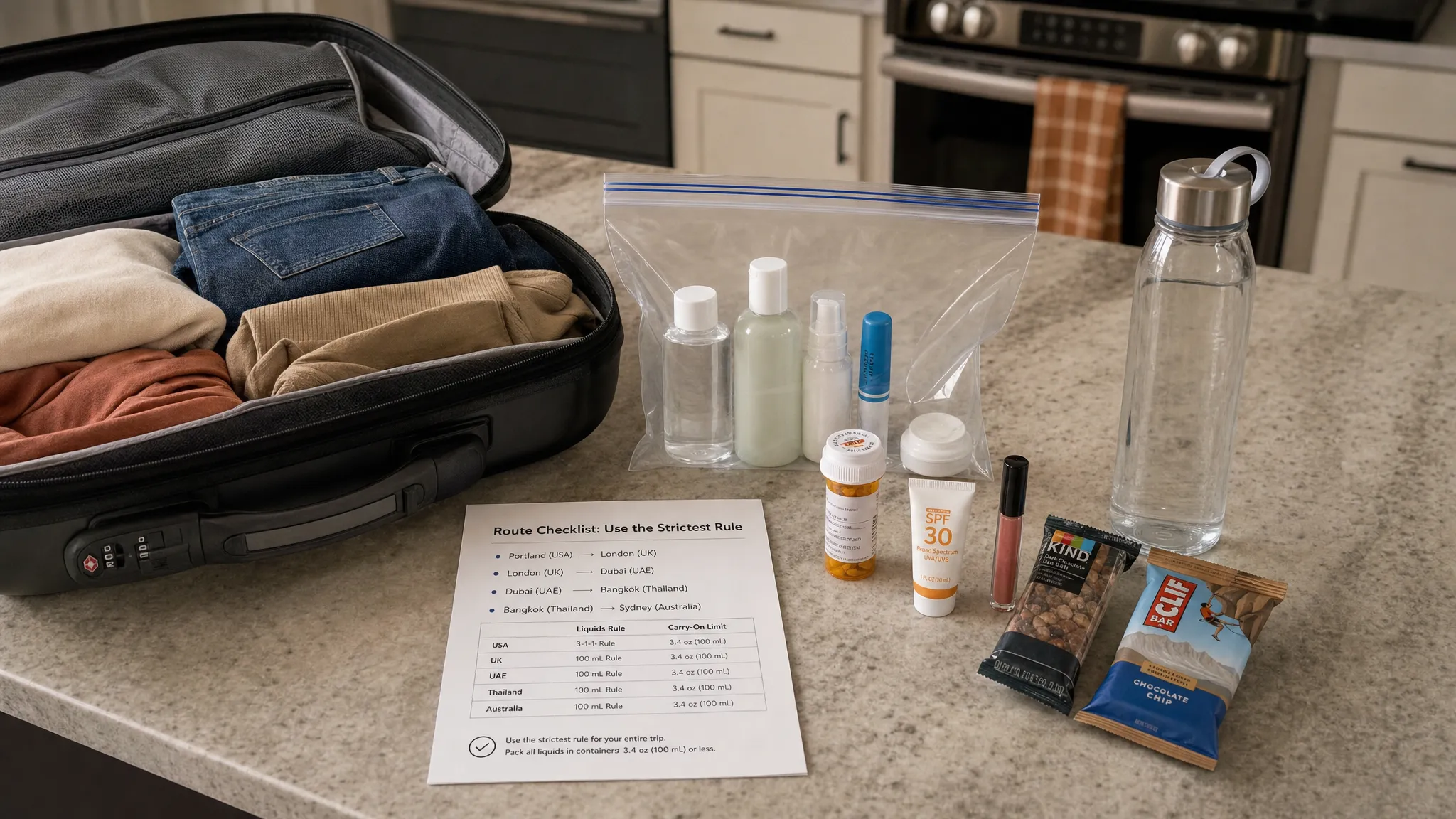 A kitchen-counter travel packing scene with an open carry-on suitcase and a neatly grouped set of cabin liquids: a clear resealable liquids bag, small toiletry bottles, a medicine bottle, sunscreen, lip gloss, and an empty reusable water bottle beside a few solid snack items. A printed route checklist card lies nearby to suggest checking the strictest rule for the whole trip, with a calm organized layout and no airport signage.