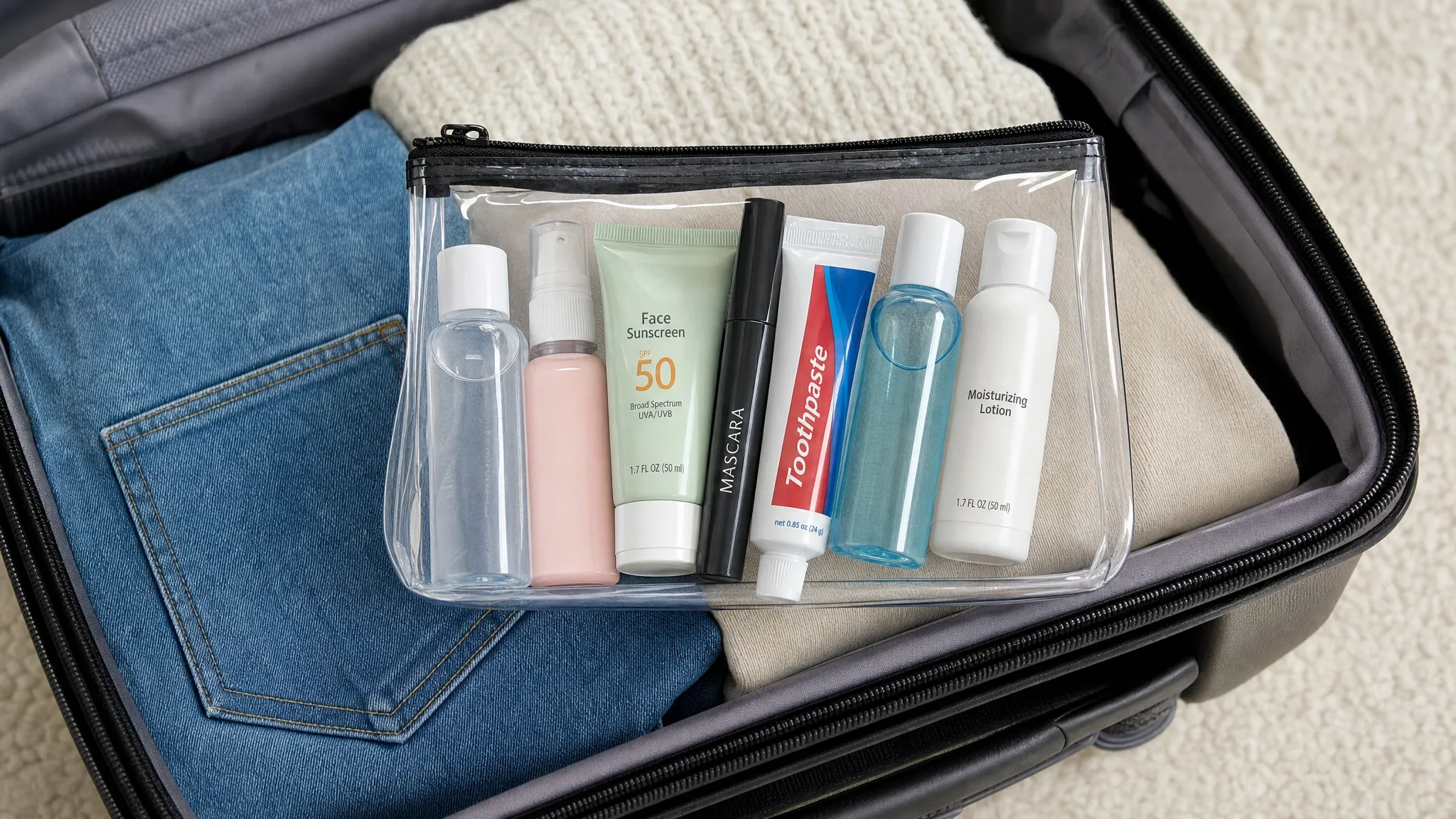 A neatly packed clear airport liquids bag sitting on an open suitcase, containing travel-size toiletries, mascara, sunscreen, toothpaste, and small bottles under 100ml.