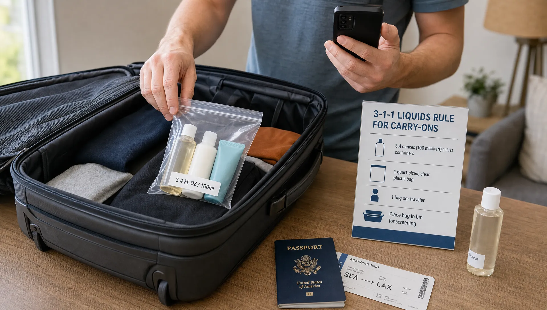 A traveler packs a clear liquids bag into a carry-on while checking airport liquid rules on a phone.