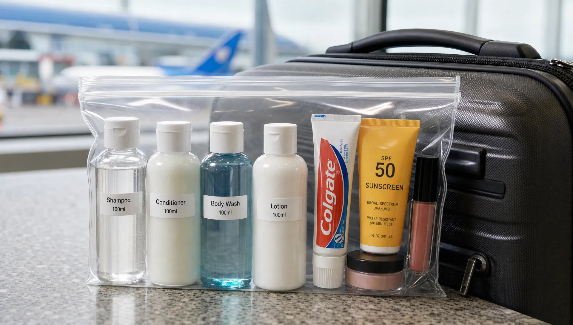 A clear airport liquids bag holds labeled 100ml bottles, toothpaste, sunscreen and small cosmetics beside a carry-on suitcase.
