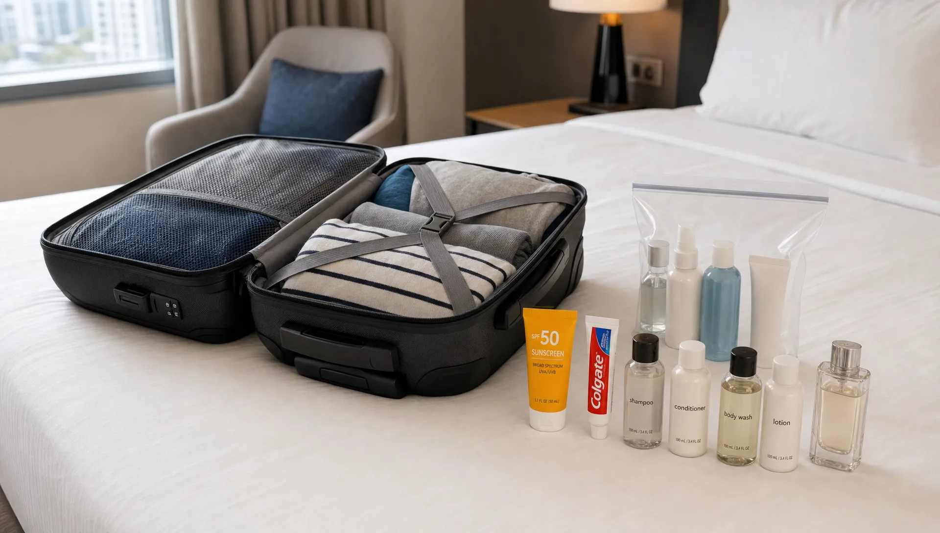 A neatly packed carry-on suitcase open on a hotel bed, with small 100ml toiletry bottles, sunscreen, toothpaste, perfume, and a clear resealable liquids bag arranged beside it for airport security.