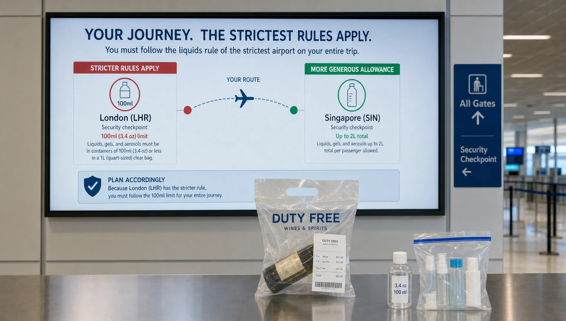 A landscape scene of a large airport scanner room wall display showing a simple route comparison between two airports, with one side marked as the stricter 100ml cabin liquids rule and the other side showing a more generous local allowance. In the foreground, a single sealed duty-free bag with receipt sits on a clean counter beside a small travel bottle and a clear liquids bag, with no people centered in the frame. The composition should feel like an airport information and decision-making scene rather than a packing table, emphasizing that the strictest checkpoint on the whole trip decides what you can carry.