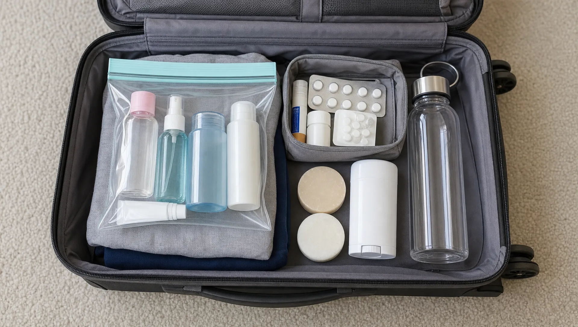 An open carry-on suitcase packed with a clear resealable liquids bag, travel-size toiletries, solid toiletries, a medicine pouch, and an empty reusable water bottle, arranged for airport security screening.