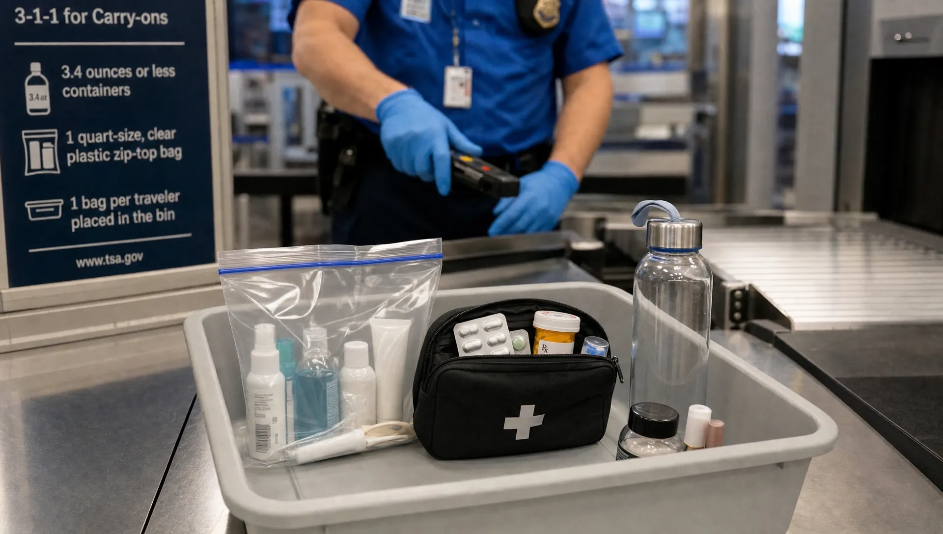 A landscape airport security checkpoint scene showing a traveler’s carry-on tray with a clear resealable liquids bag, a medicine pouch, an empty reusable water bottle, and a few compact toiletry items being set beside the conveyor. A security officer’s hands and scanner area are visible in the background, with the focus on deciding what can stay in cabin luggage and what needs separate screening on a trip with different airport rules.