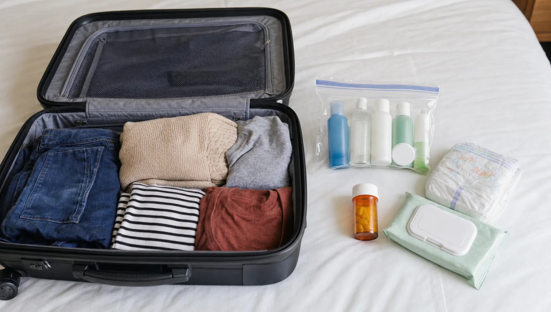 An open cabin suitcase on a bed with a clear resealable liquids bag holding travel-size toiletries, a small medicine bottle, and baby supplies placed separately beside it.