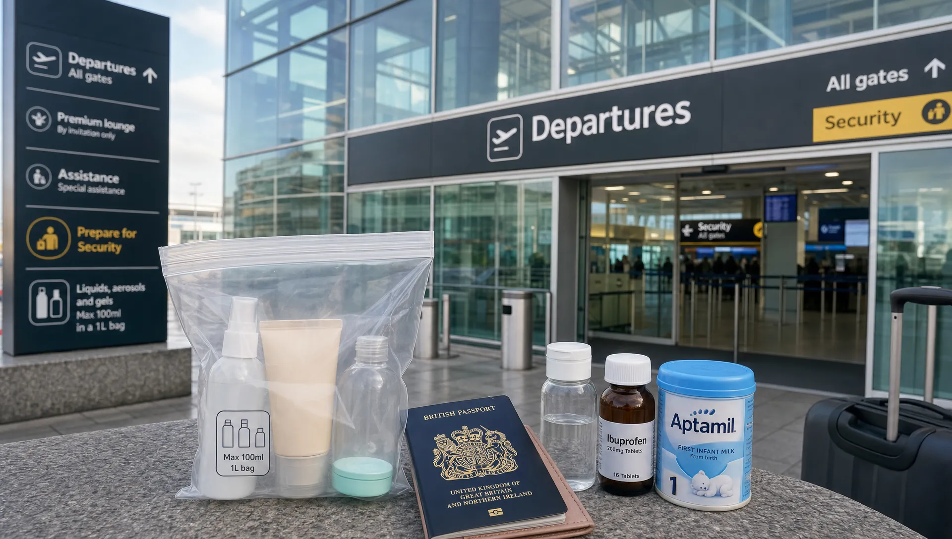 A landscape scene of the outside of a UK airport terminal entrance with a large departures sign and a security lane visible through the glass, while in the foreground a clear resealable liquids bag sits beside a passport, a small travel-size toiletries bottle, a medicine bottle, and a baby milk container arranged as travel essentials. The composition should feel like a trip-wide packing decision about cabin liquids rather than a packing table or security inspection close-up, with no dominant person in the frame.