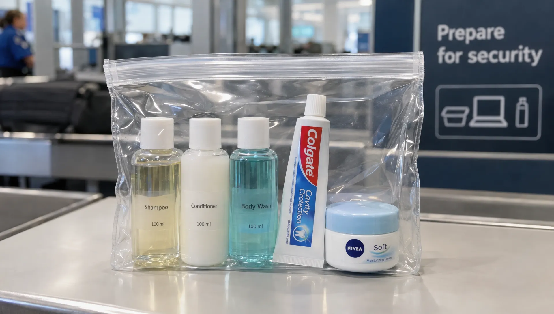 A clear resealable flight liquids bag holds small 100 ml bottles, a toothpaste tube and a cream jar, with the zipper closed comfortably.