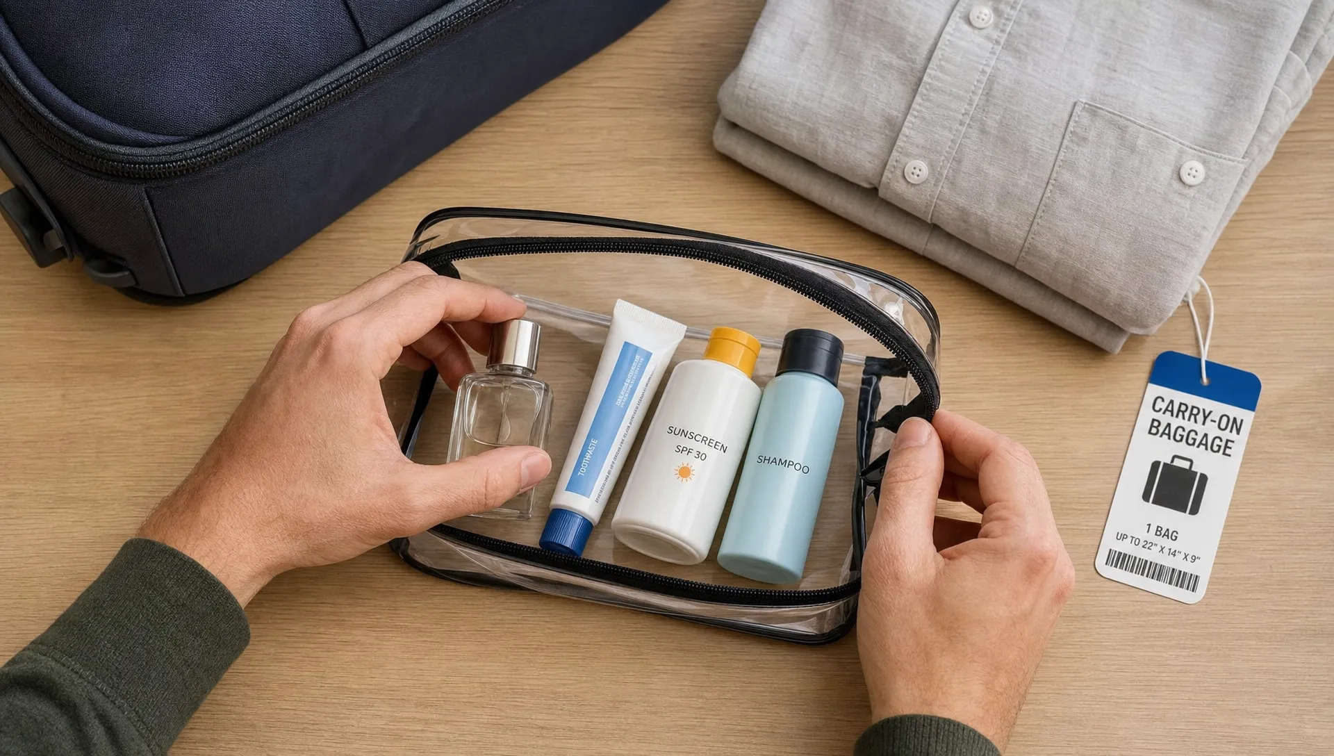 Hands arrange travel-size toiletries into a clear bag while packing for airport security.