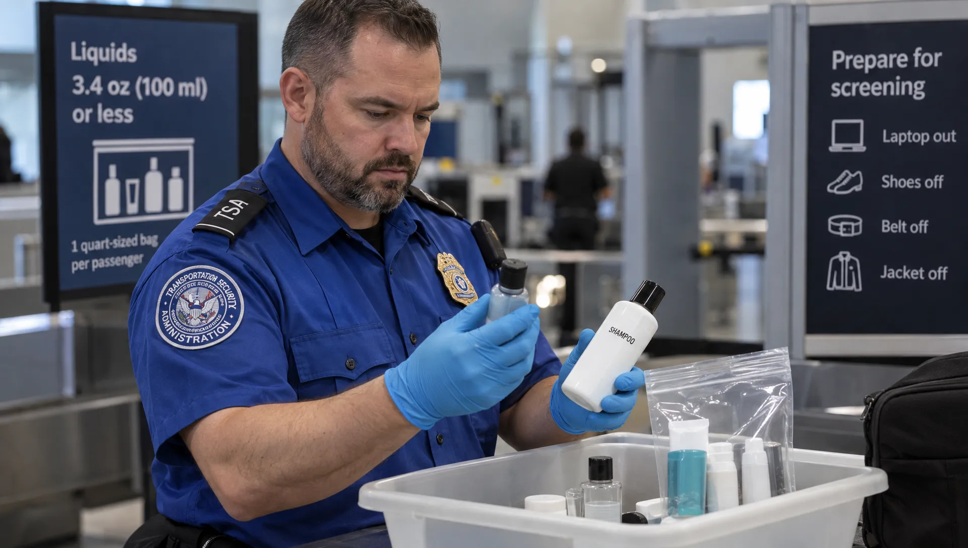 A security officer examines labeled travel bottles and a separate shampoo container beside a clear liquids bag at an airport checkpoint.