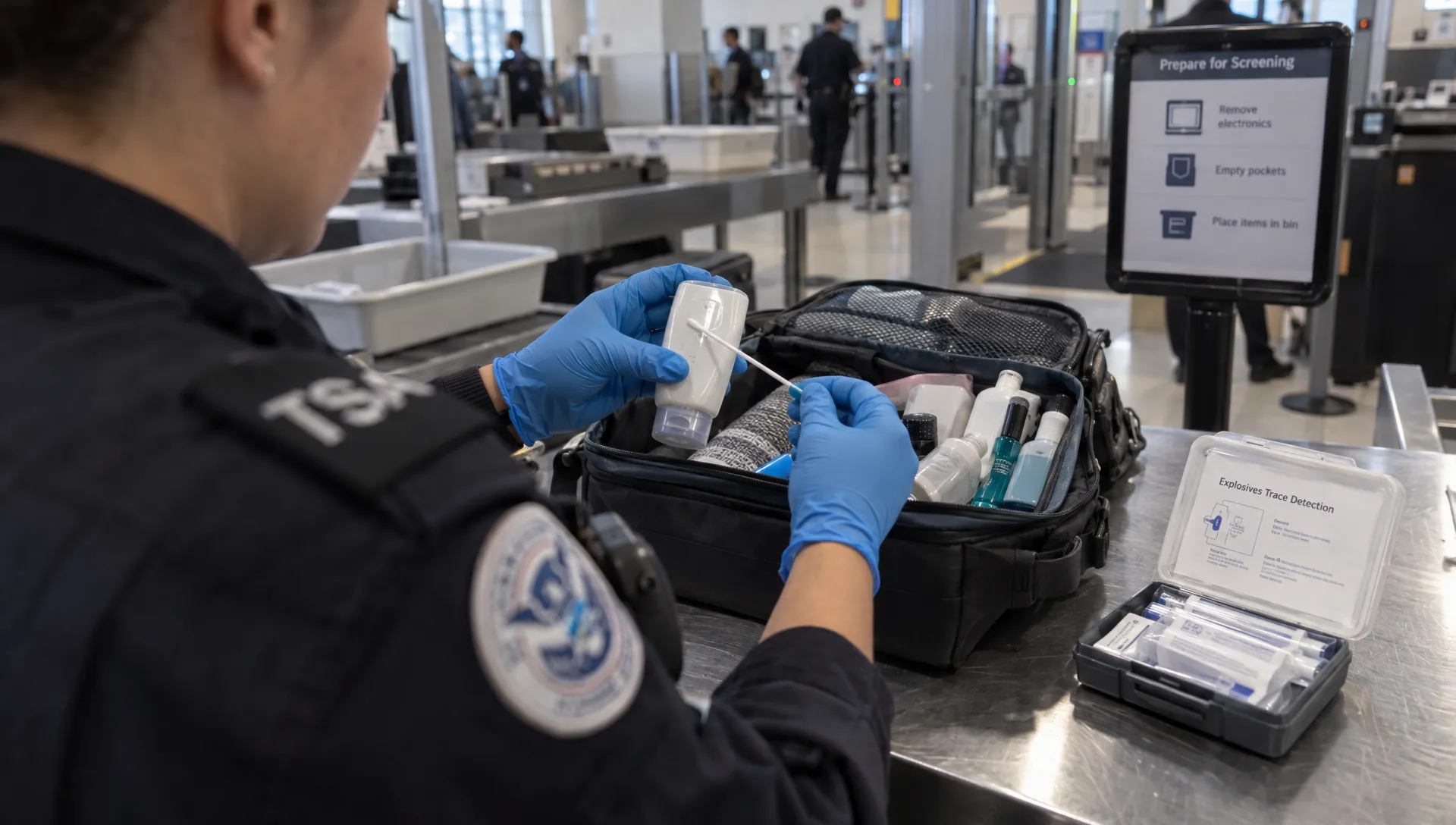 A security officer swabs a travel-size toiletry bottle during an additional airport screening check.