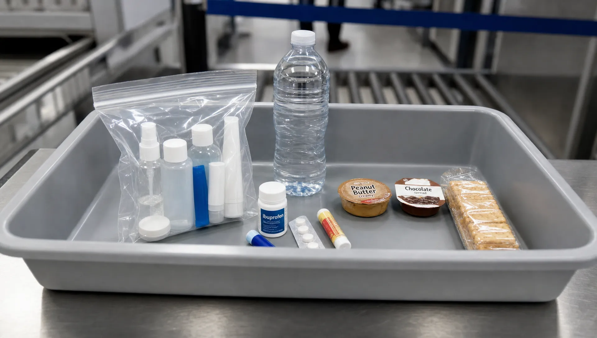 Airport security tray with a clear liquids bag, small toiletries, a water bottle set aside, travel medicine, and spreadable snacks arranged for inspection.