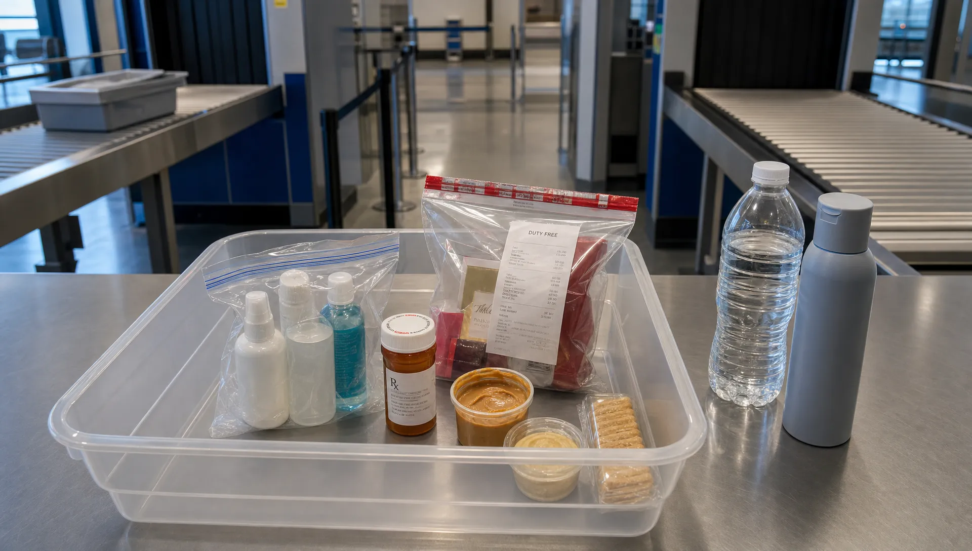 A landscape scene of a security screening table viewed from slightly above, with an open clear tray holding a liquids bag, a small medicine bottle with a prescription label, a sealed duty-free bag with a receipt, and a few spreadable snacks in separate containers. A water bottle and a larger toiletry bottle sit apart on the side of the tray, while the background is a clean checkpoint area with conveyor belts and no readable signage. The composition should feel organized but tense, centered on items most likely to be questioned during airport security inspection.