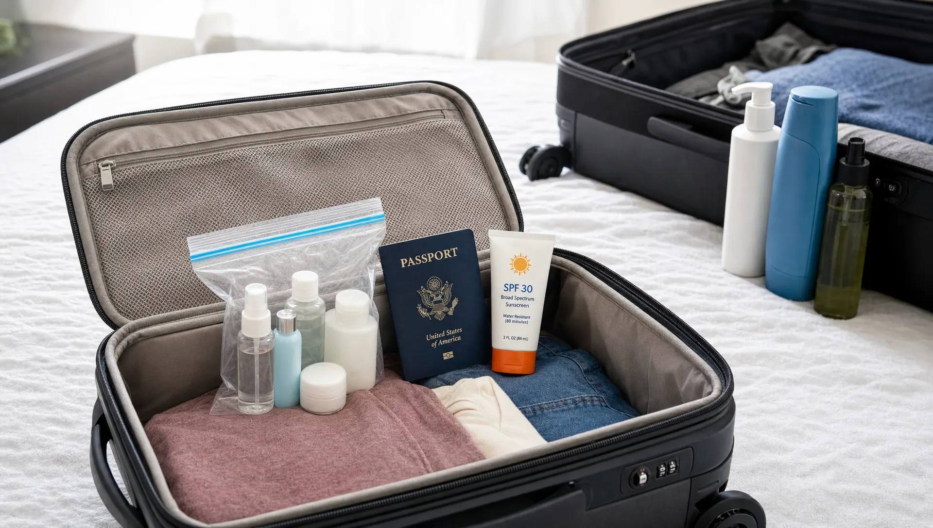 An open carry-on suitcase on a bed with small toiletry bottles, a clear resealable liquids bag, a passport, and travel-size sunscreen arranged together, while full-size bottles are set aside near an open checked-baggage case.