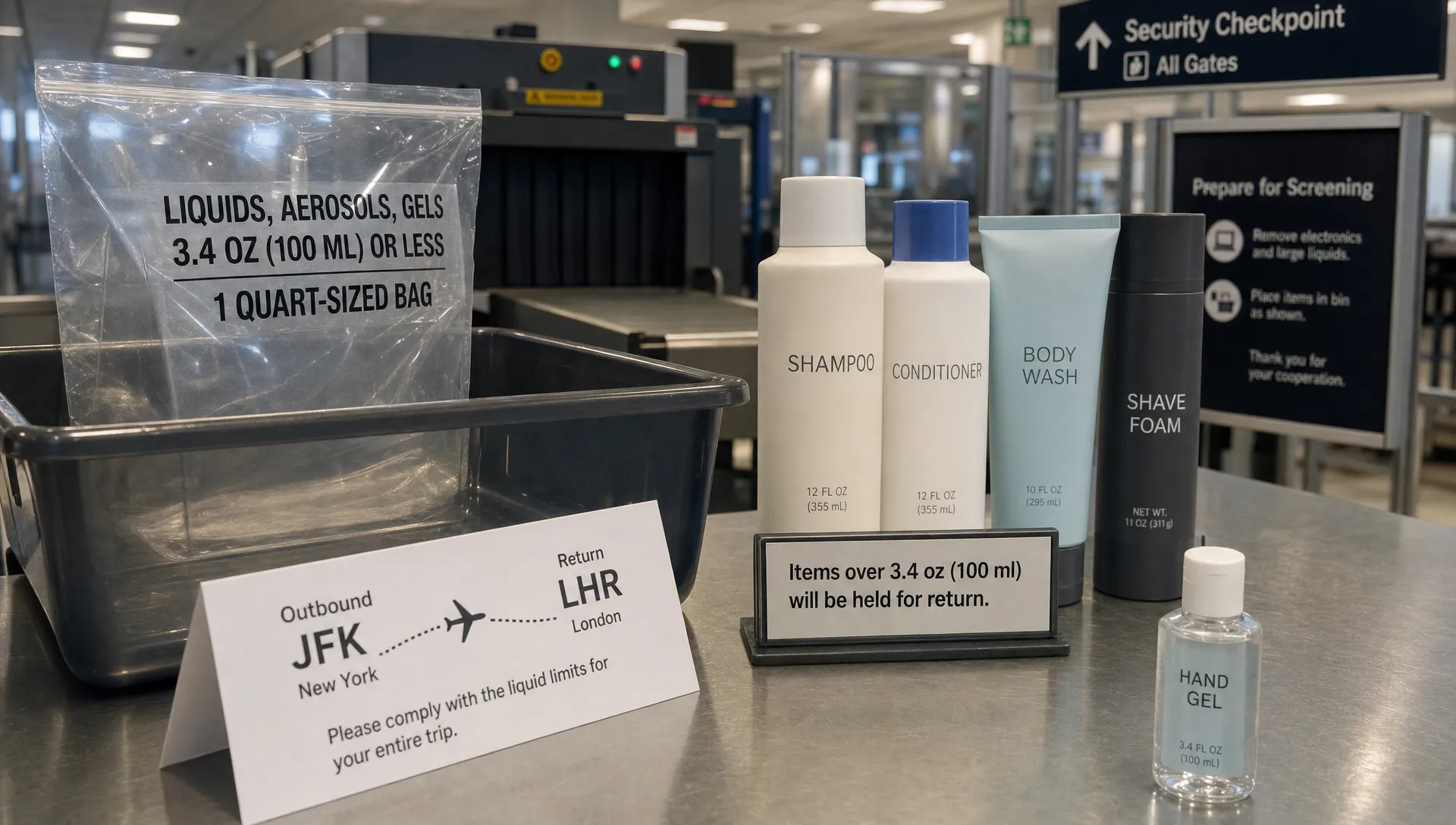 A landscape scene of a compact airport security checkpoint with a large clear liquids bin in the foreground, several oversized toiletry bottles held back beside it, and one small 100ml travel bottle placed forward for screening. A route card nearby shows an outbound airport, a return airport, and a connection arrow, making the scene feel like a strictest-checkpoint decision rather than a packing table or duty-free purchase. No dominant person in the frame.