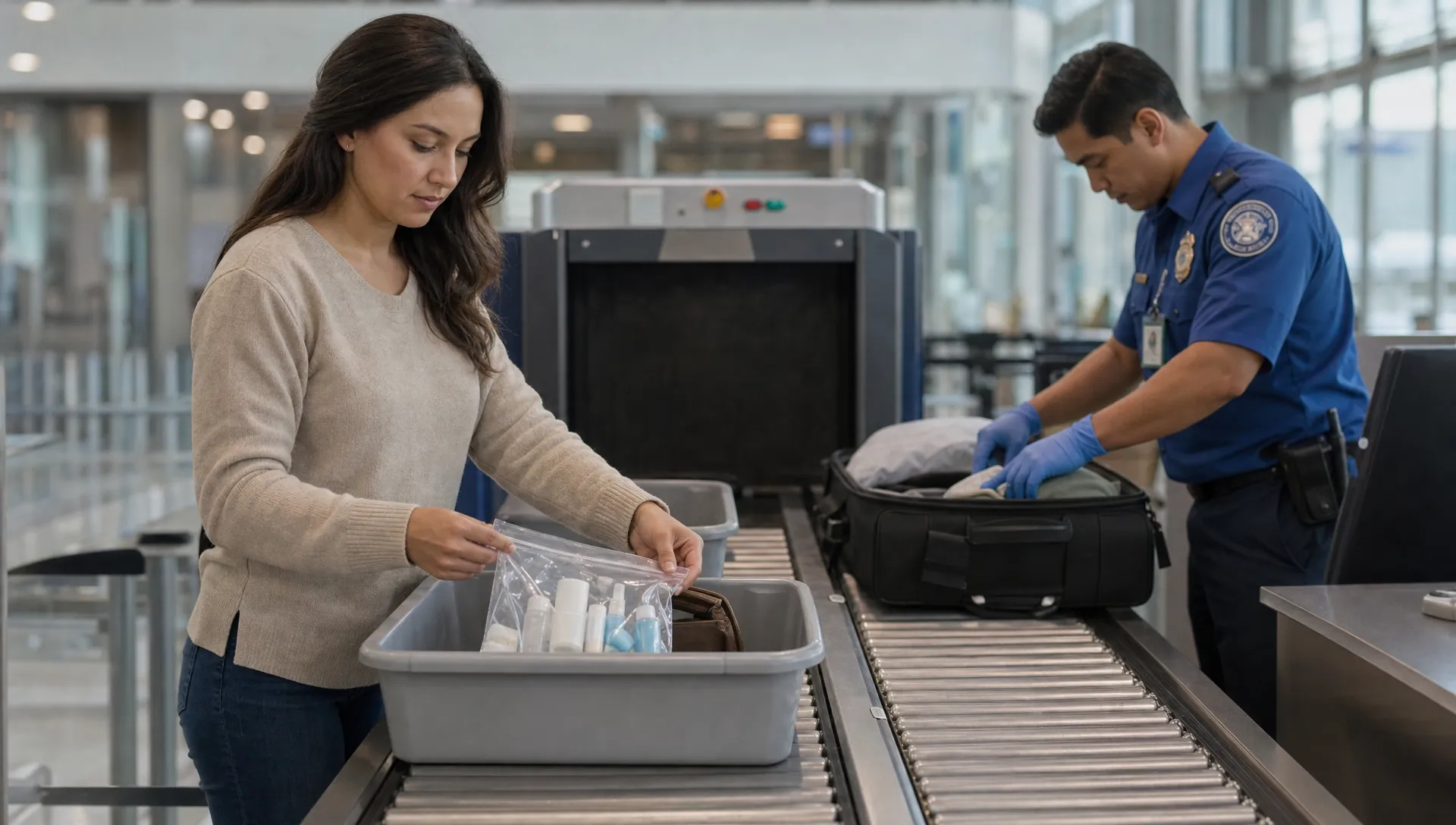 A traveler places a clear liquids bag with small toiletries into a tray while an officer inspects a carry-on beside the scanner.