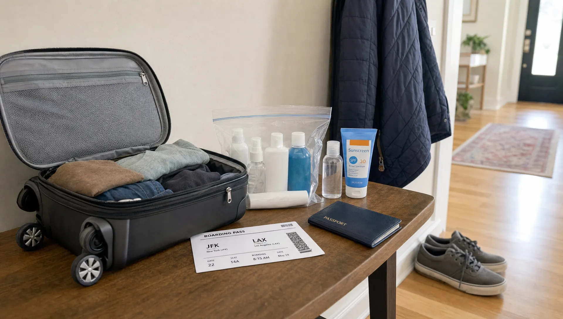 Travel toiletries and a clear liquids bag are laid out beside an open carry-on during trip packing at home.