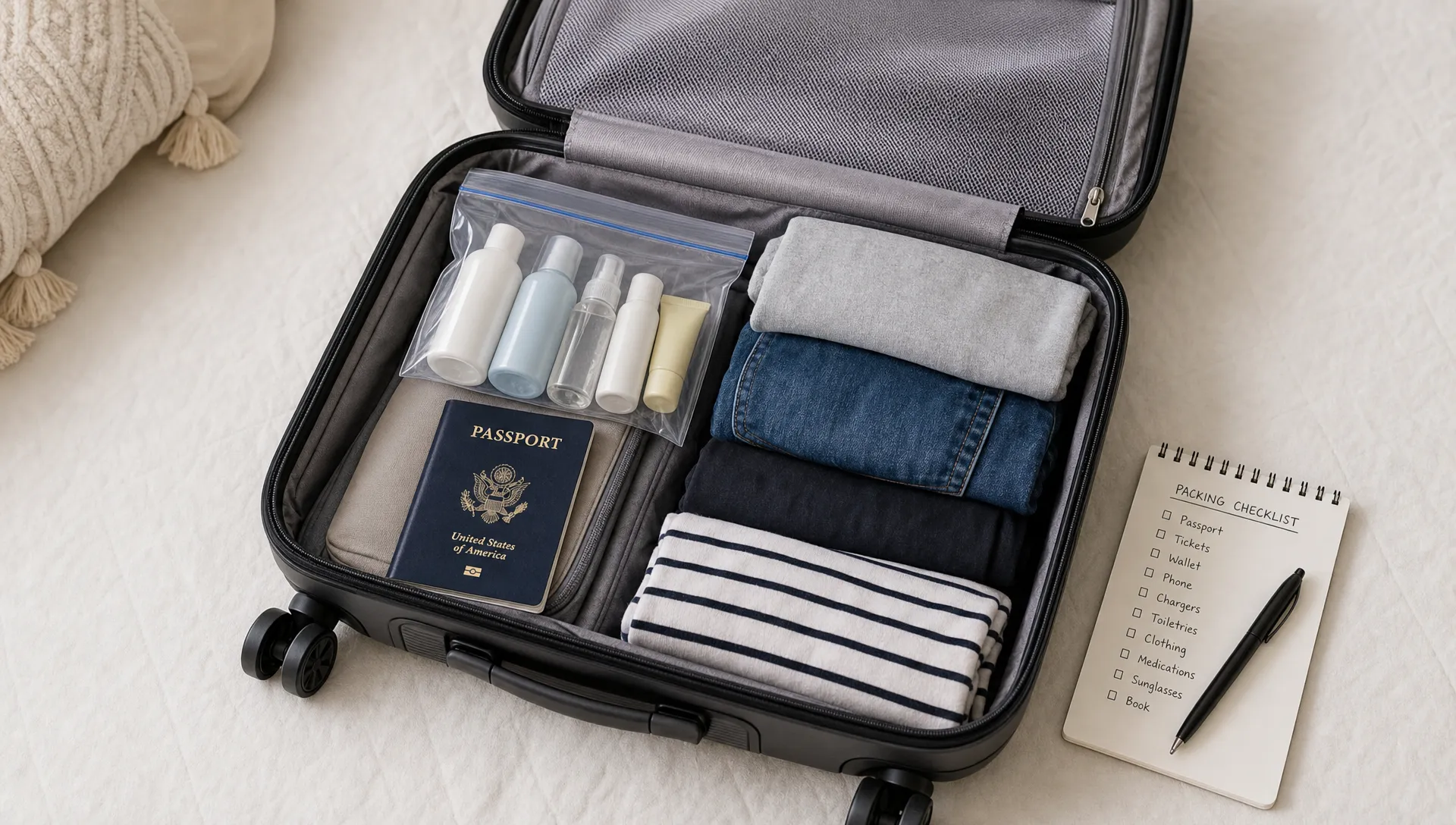 An open carry-on bag on a bed with travel-size toiletry bottles in a clear resealable bag, a passport, folded clothes, and a small checklist nearby.