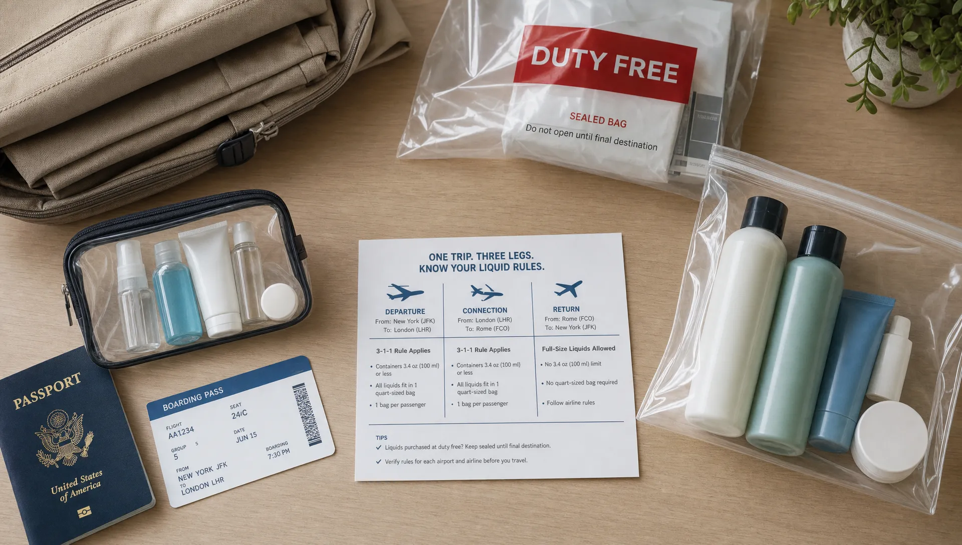 A landscape flat-lay scene on a clean tabletop showing a clear liquids pouch with travel-size toiletries, a passport, a boarding pass, a small printed route checklist, and a separate full-size toiletry bottle set farther away in its own pouch. The arrangement suggests comparing departure, connection, and return rules for one trip, with a folded carry-on bag and a sealed duty-free bag nearby, all in a calm home packing setting with no airport signage or screens visible.