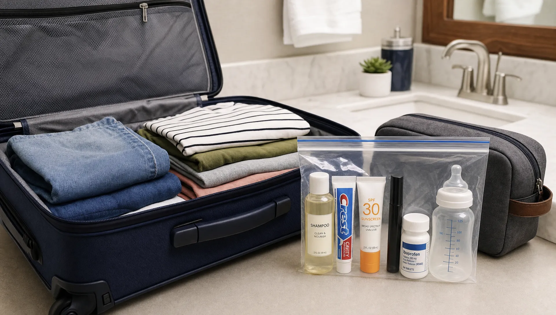 An open carry-on suitcase beside a bathroom counter with a clear resealable liquids bag containing travel-size shampoo, toothpaste, sunscreen, mascara, a small medicine bottle, and a baby bottle, with neatly folded clothes and a toiletry pouch nearby.