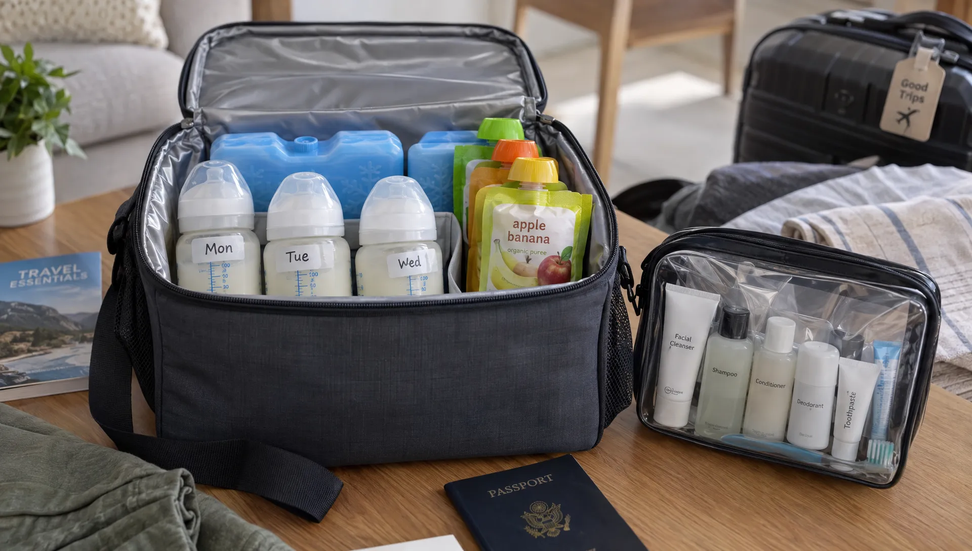 Labeled milk bottles, cooling packs and puree pouches sit in an open insulated cooler beside a transparent bag of travel-size toiletries on a packing table.