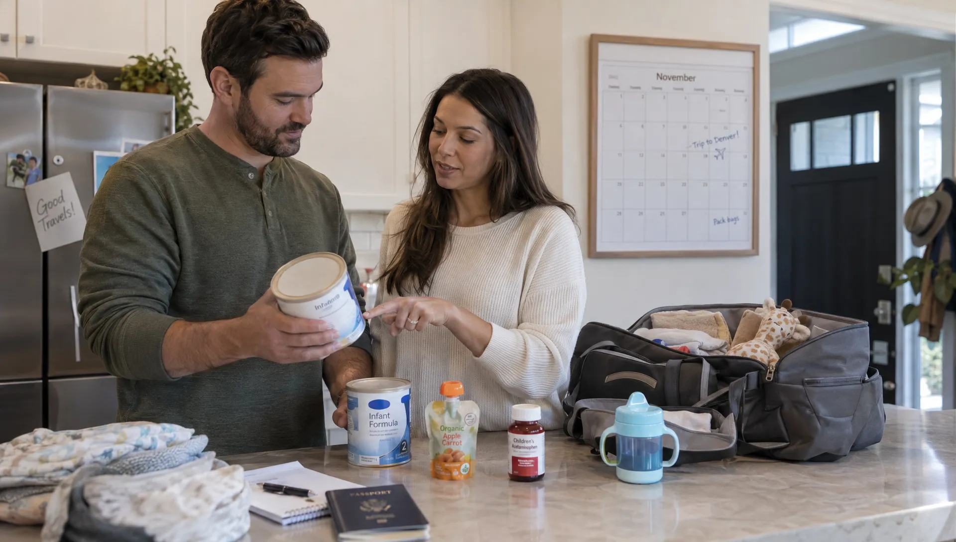 Two caregivers discuss formula, baby food and medicine while preparing for a family flight at home.