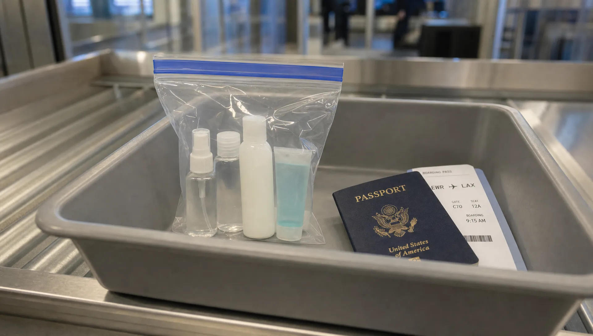 A clear resealable liquids bag with small toiletry bottles sits in a tray at the airport security lane beside a passport and boarding pass.