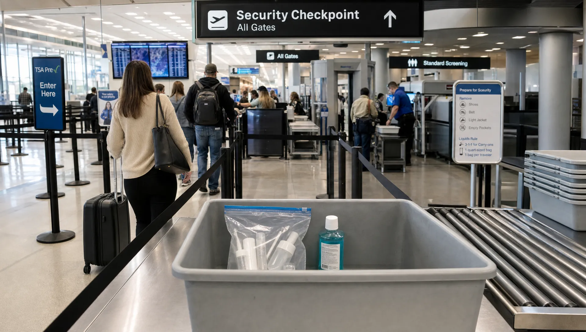 Airport security lanes and trays show where liquids are screened before boarding.