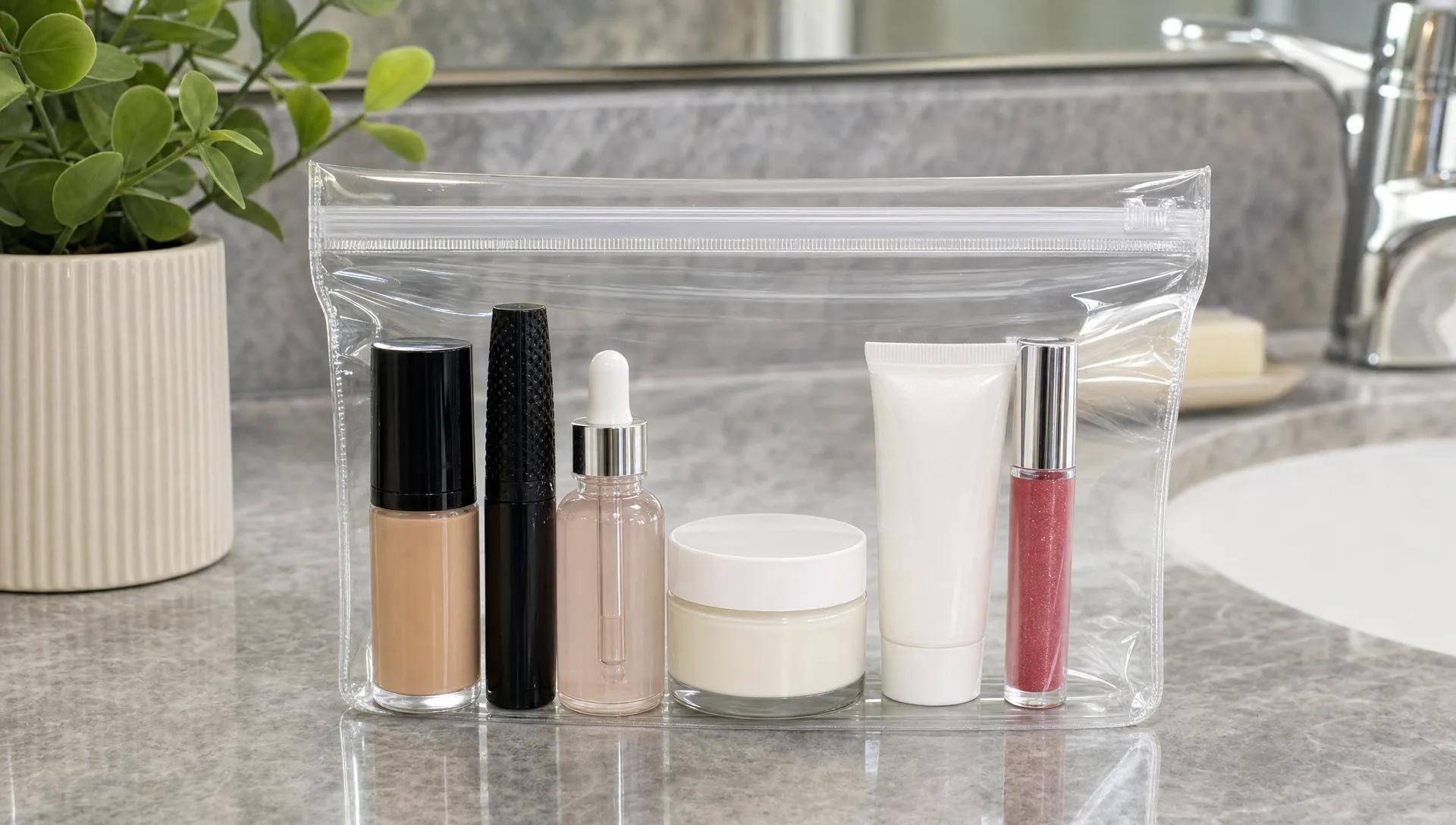 A clear resealable liquids bag on a bathroom counter holds travel-size foundation, mascara, serum, moisturizer, sunscreen and lip gloss.